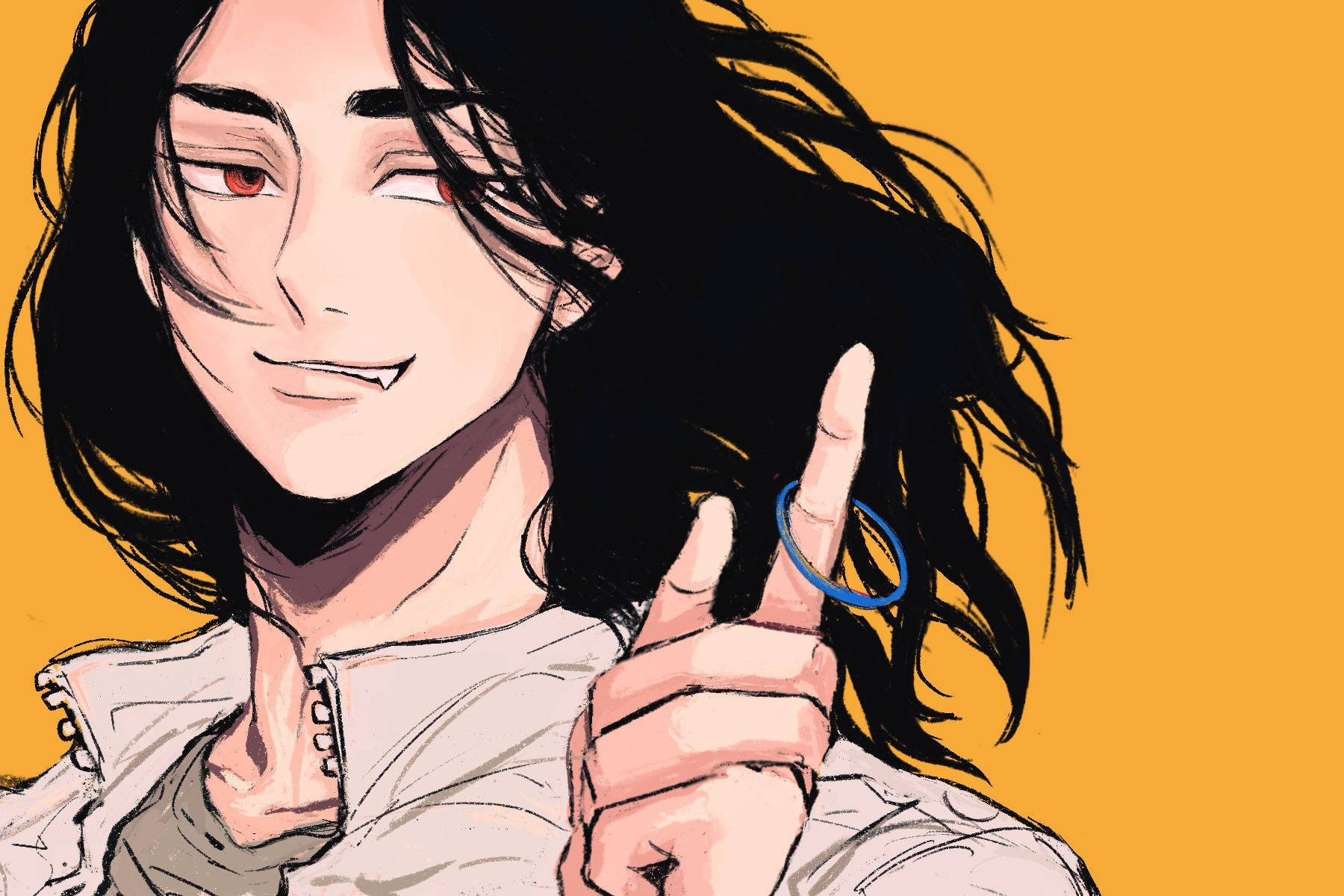 Keisuke Baji 玩髮圈的休閒時光 壁紙 — 一個開心的動漫角色，黑髮紅眼，單眼並舉起戴有藍色戒指的手指。