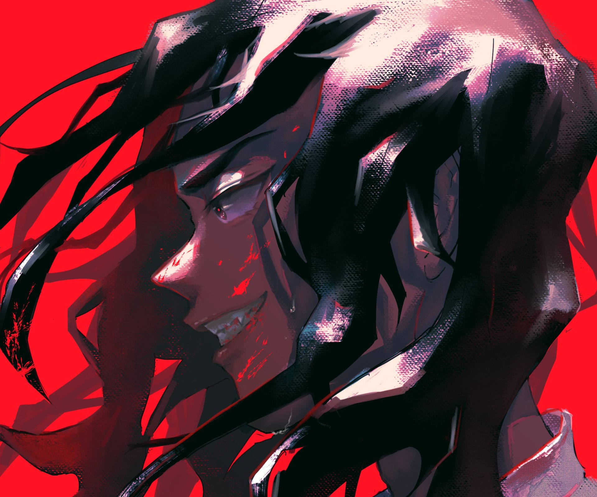 Keisuke Baji 紅色背景微笑畫作 壁紙 — 一個風格化的動漫角色，深色頭髮和紅色點綴，背景為鮮紅色。