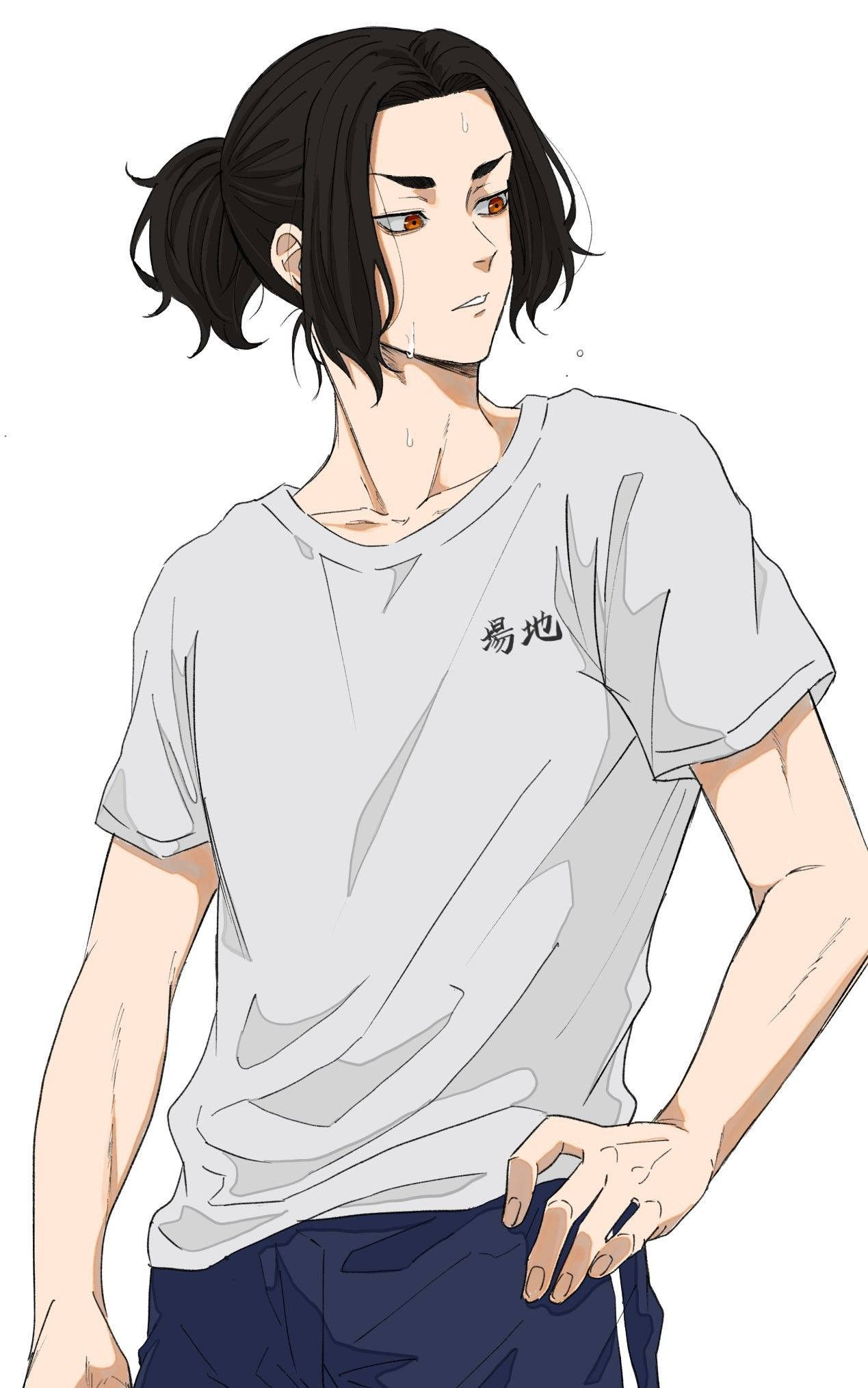Keisuke Baji 聲光運動衫 壁紙 — 動漫風格男性角色，深色頭髮紮成馬尾，臉上帶有汗珠，身穿印有漢字的灰色T恤。