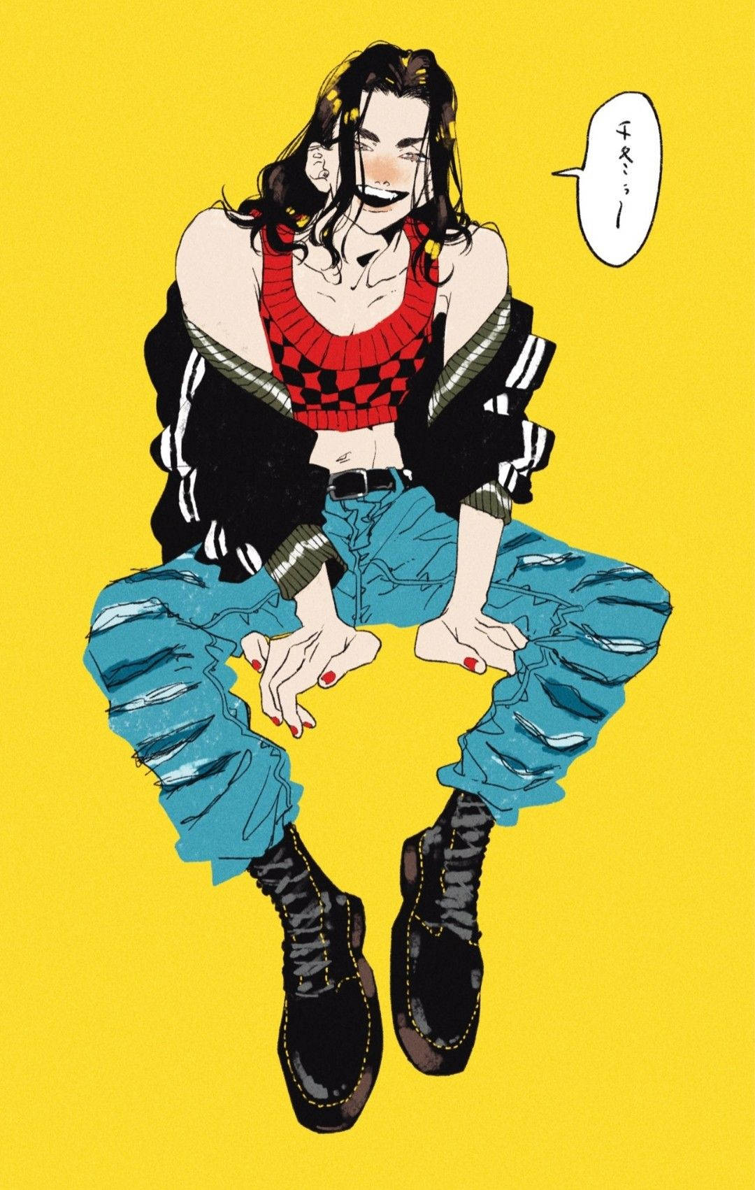 Keisuke Baji 自信姿態 壁紙 — 一個風格化的動漫女孩，深色頭髮和紅色指甲，盤腿坐在明亮的黃色背景前，穿著紅色格紋上衣和破洞藍色牛仔褲。