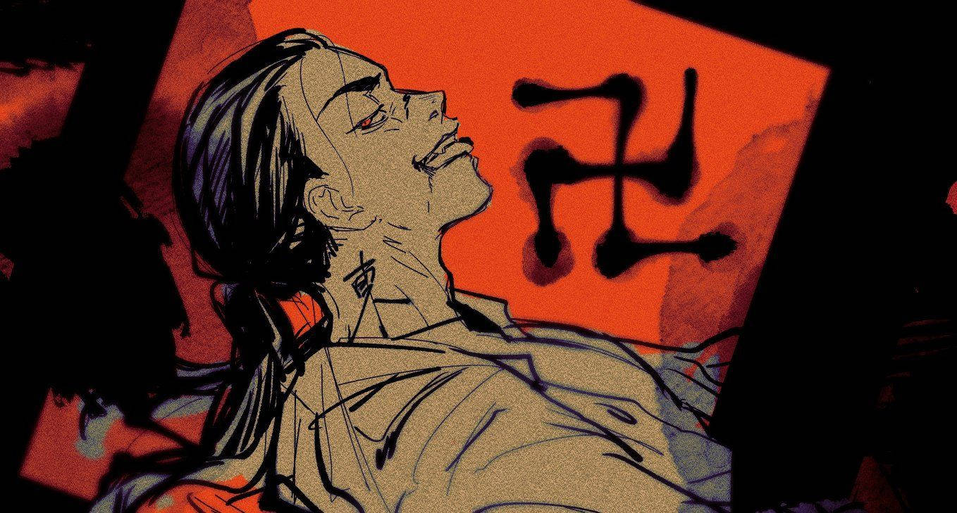 Keisuke Baji 馬尾造型 壁紙 — 一個風格化的動漫角色，紅眼睛和頸部紋身，向上凝視著帶有黑色符號的熾熱橙色背景。
