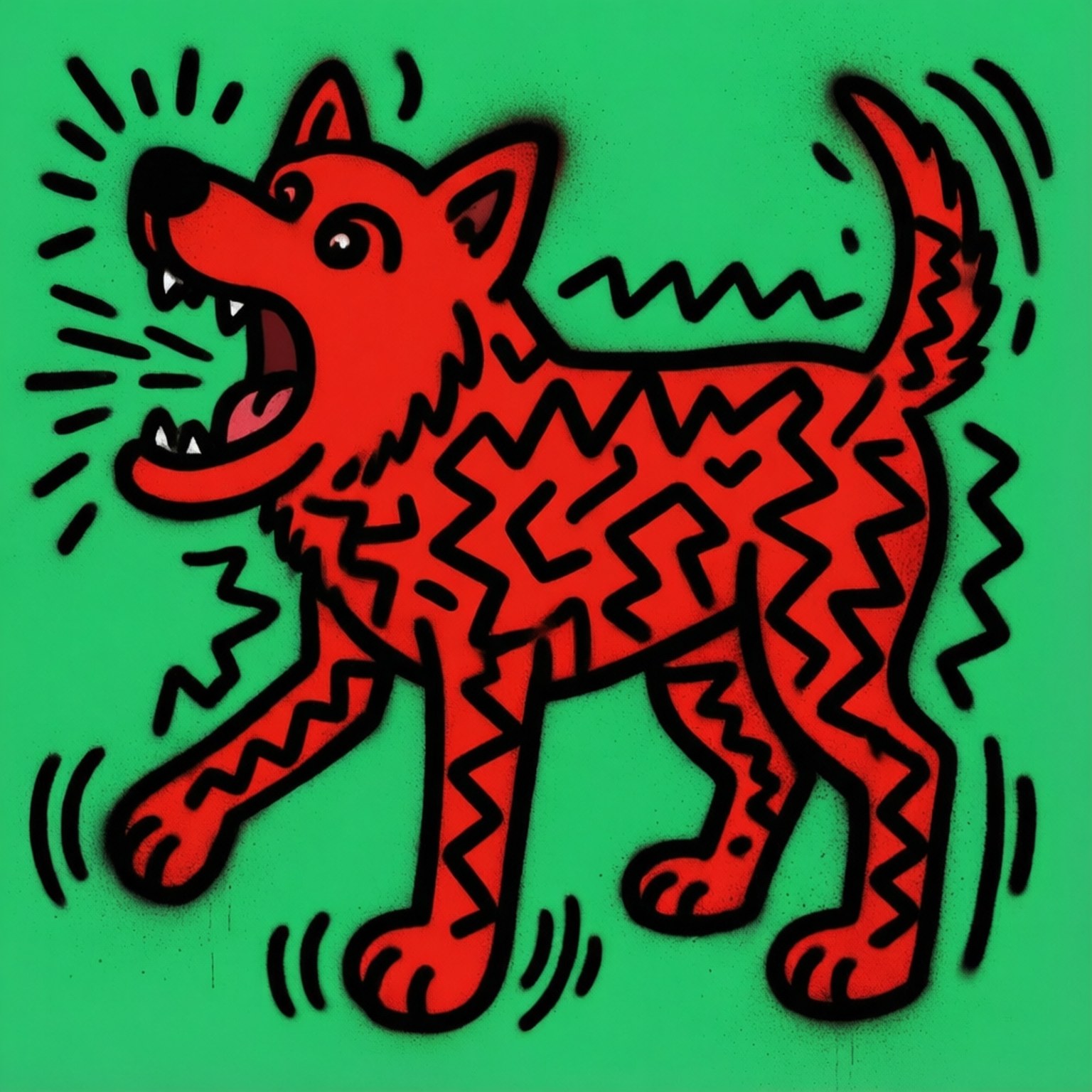 Keith Haring風格吠叫狗動感壁紙 壁紙 — 一隻風格化的紅色狗，帶有鋸齒圖案，在明亮的綠色背景上帶有運動線條，正在攻擊性地吠叫。