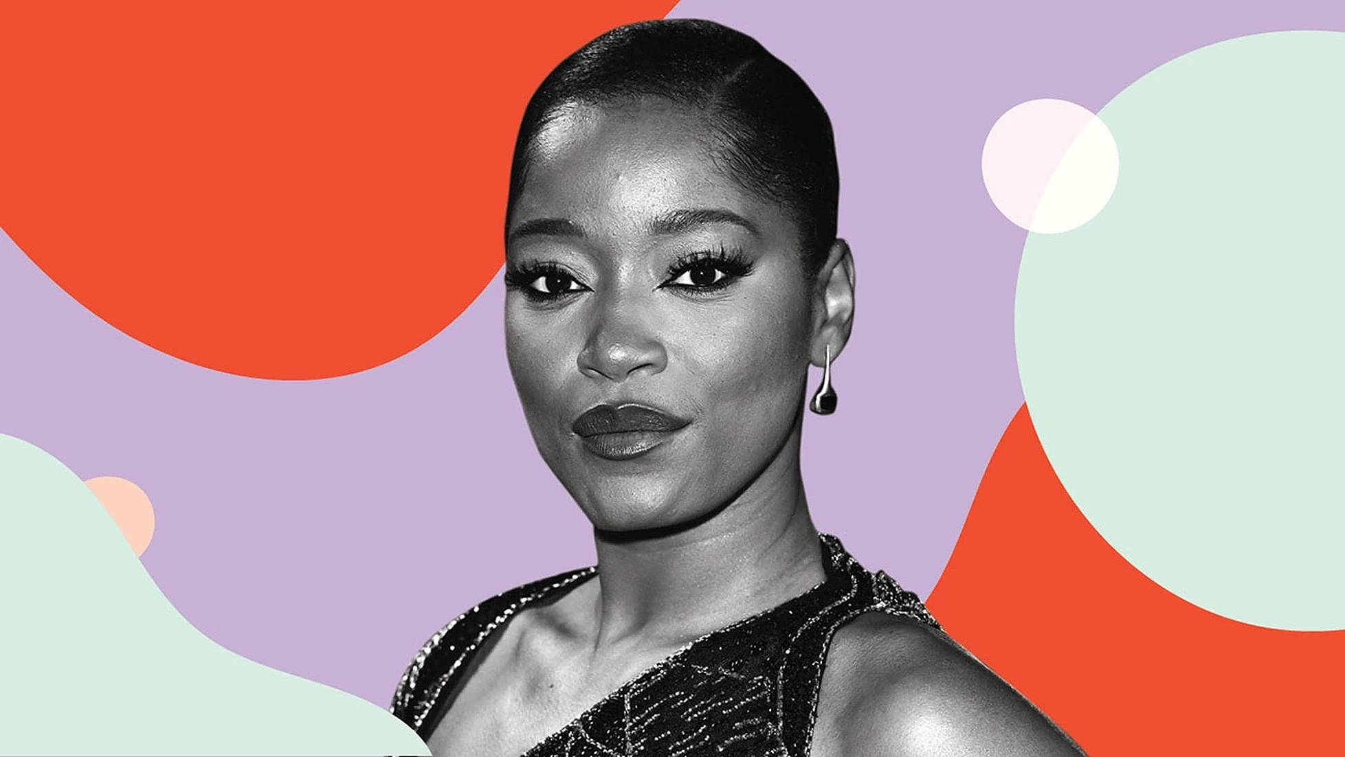 Keke Palmer 海報風 壁紙 — 一個引人注目的黑白肖像，一位女性帶著大膽的妝容，背景是充滿活力的抽象重疊圓圈。