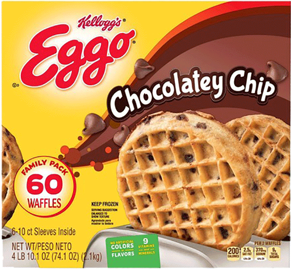 Kellogg's Eggo 巧克力碎華夫餅包裝 壁紙 — 一盒明亮的黃色Kellogg's Eggo Chocolatey Chip窩夫，朱古力粒在金色窩夫周圍飛舞。