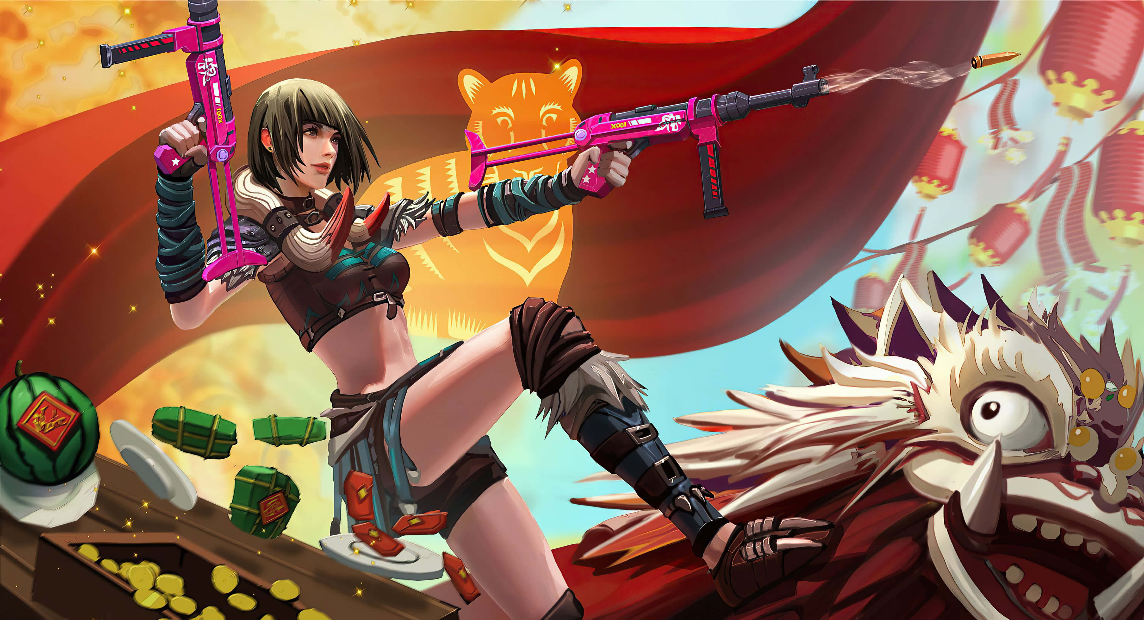 與Kelly Fuji一同迎接戰鬥，Garena Free Fire 壁紙 — 一個兇猛嘅動漫戰士女仔揮舞住粉紅色嘅槍對抗一條龍，而節日燈籠同金幣喺佢周圍飛舞。