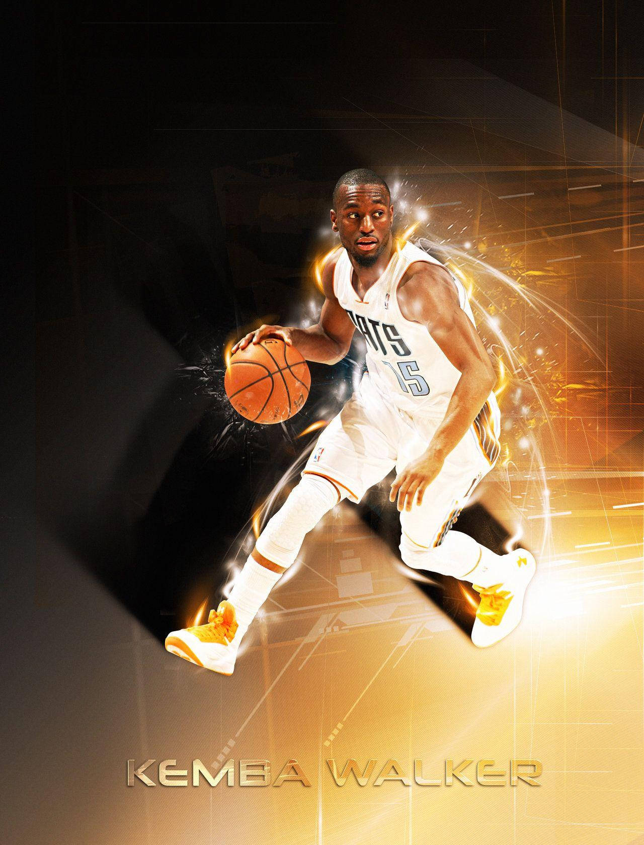 Kemba Walker 雷光抽象手機壁紙 壁紙 — 籃球運動員Kemba Walker身穿白色球衣，在深色背景下運球，帶有火熱的金色動態效果。