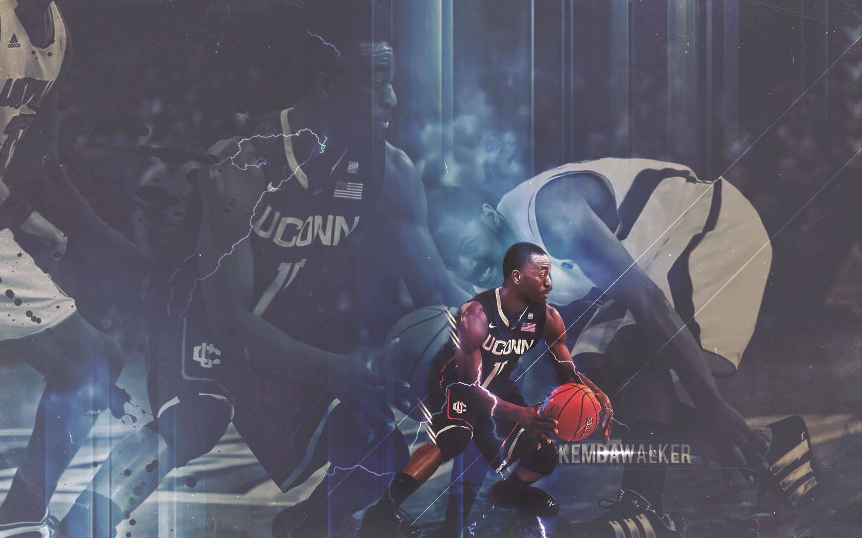 Kemba Walker UConn Huskies 封面壁紙 壁紙 — 籃球運動員Kemba Walker在動作中的動態數位藝術描繪，在戲劇性的藍色照明場館中被自己的幽靈般疊加包圍。