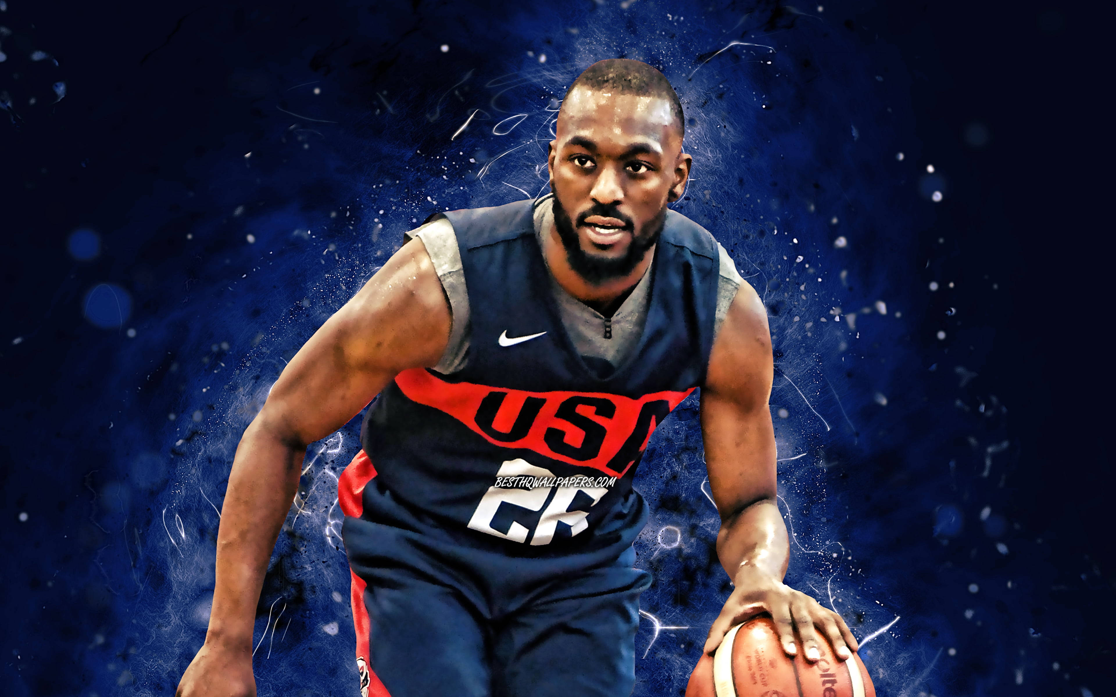 Kemba Walker 美國隊深藍色 壁紙 — 一位身穿美國球衣的專注籃球運動員，在帶有發光粒子的動態藍色宇宙背景中運球。