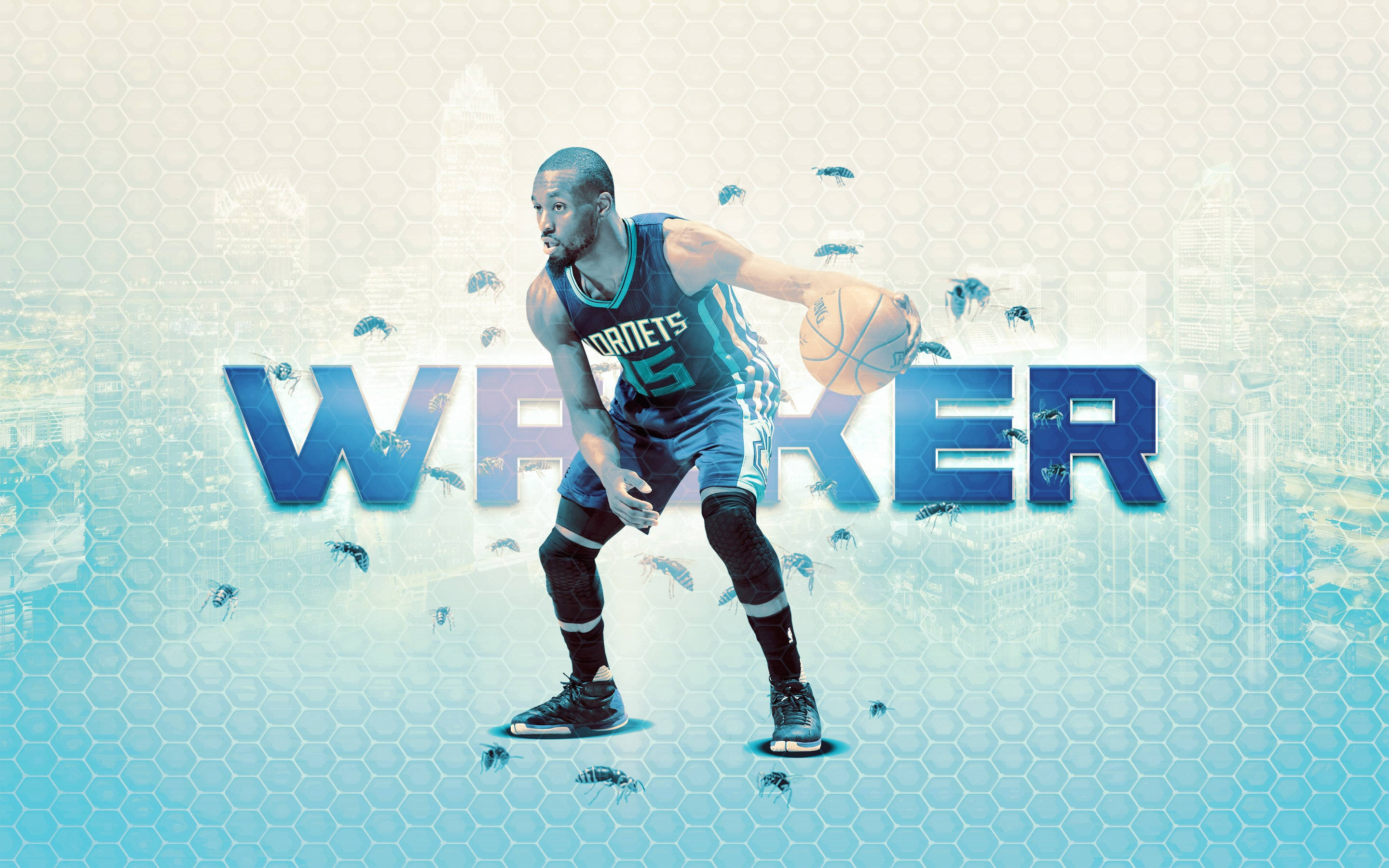 Kemba Walker 蜂巢蜜蜂藝術 壁紙 — 身穿黃蜂隊球衣的籃球運動員運球，蜜蜂在粗體藍色「WEEKER」文字周圍飛舞。