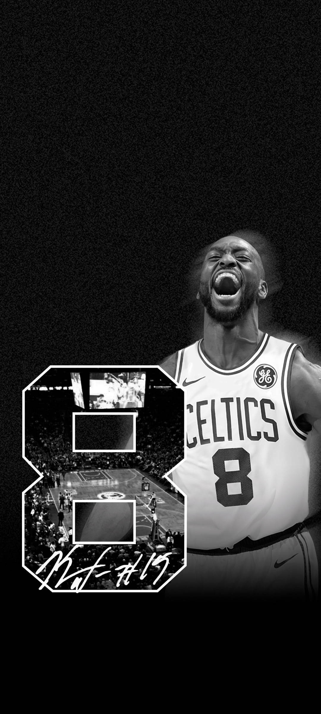 Kemba Walker 黑白手機壁紙 壁紙 — 一張黑白壁紙，籃球運動員Jayson Tatum身穿塞爾特人隊8號球衣，勝利地咆哮，並帶有風格化的數字8圖形疊加。