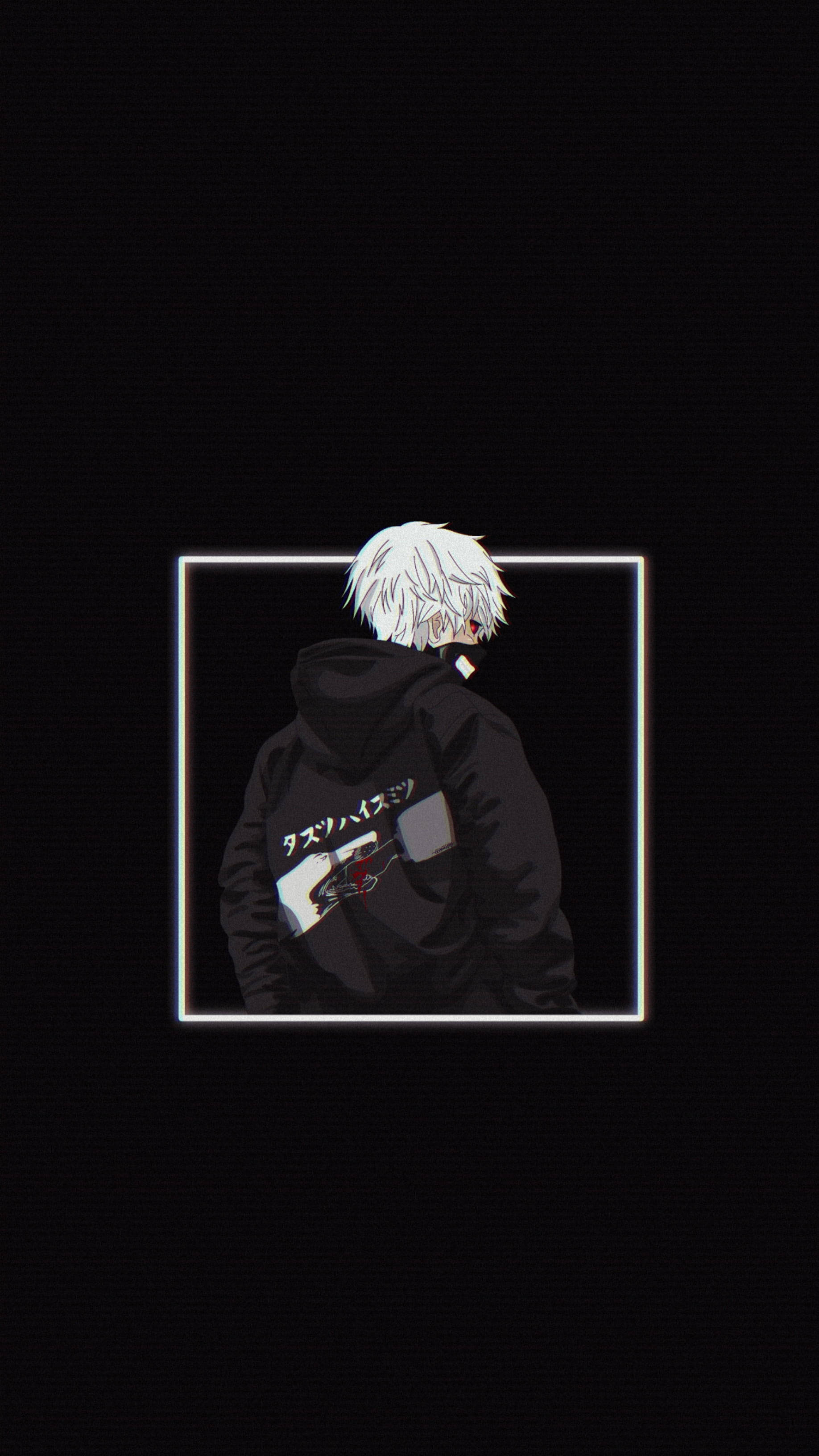 Ken 背影《東京喰種》iPhone 背景 壁紙 — 一個白髮動漫角色穿著黑色連帽衫，站在黑暗背景中一個發光的白色正方形框內。