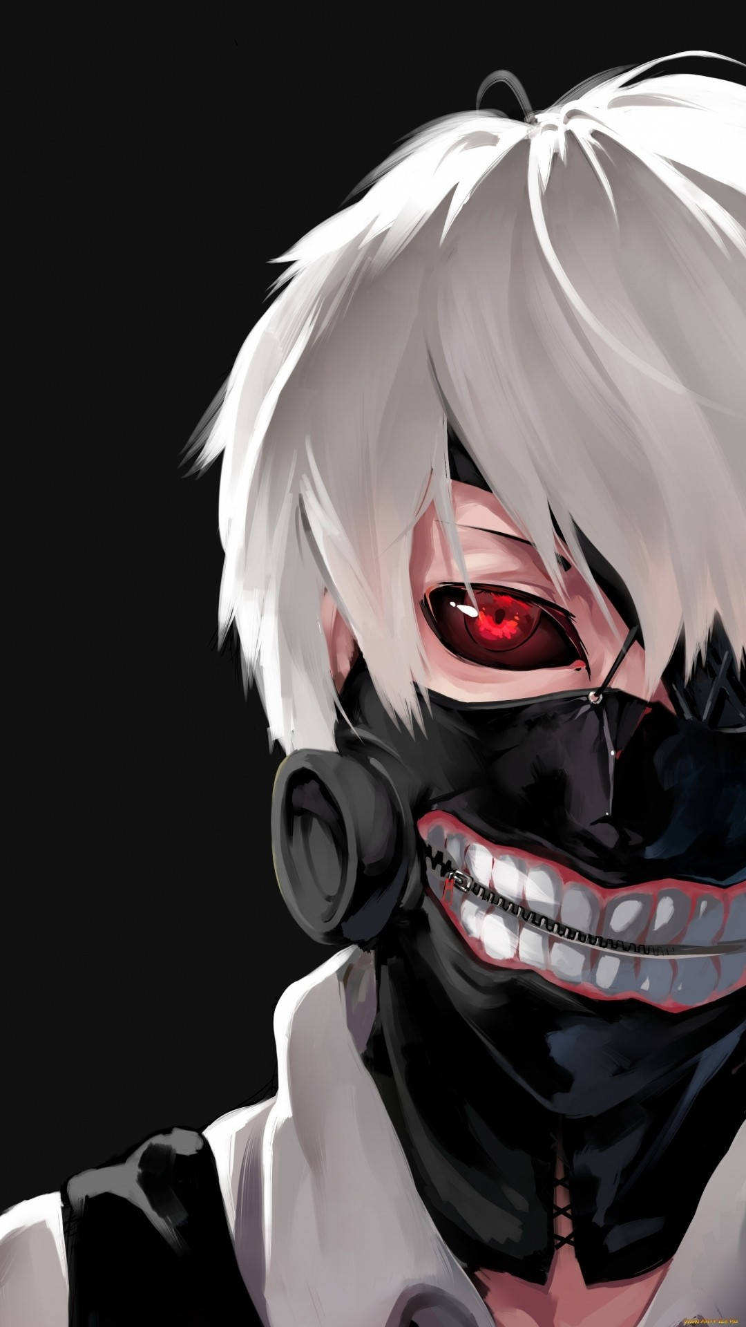 Ken Kaneki 黑色面具《東京喰種》iPhone 壁紙 — 一個帶有白髮、紅眼和黑色拉鍊牙齒面具的威脅性動漫角色，背景為深色。
