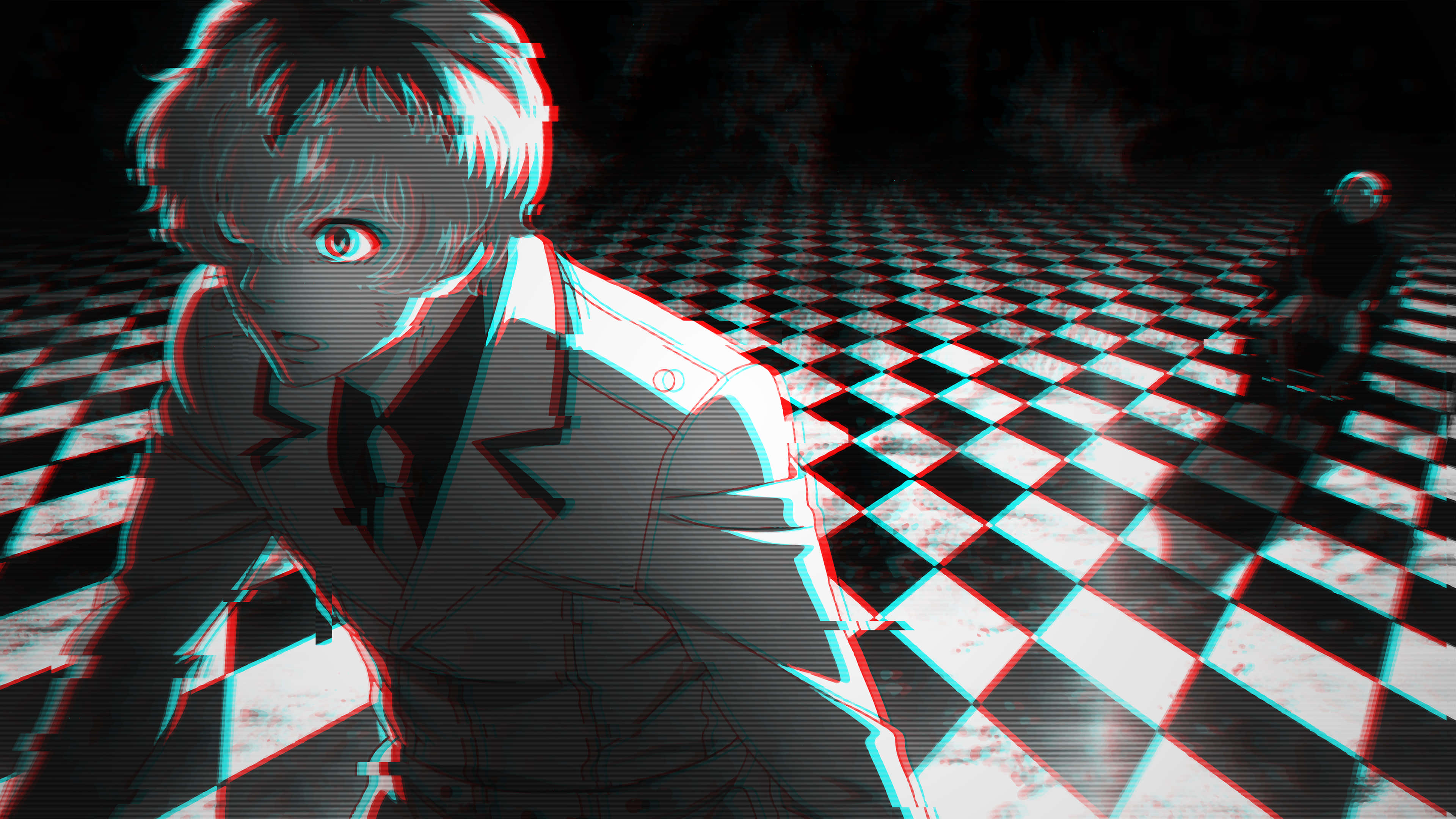 詭異 Ken Kaneki 桌面 壁紙 — 一個帶有故障紅和青色輪廓的動漫角色蹲在黑暗扭曲空間的棋盤格地板上。