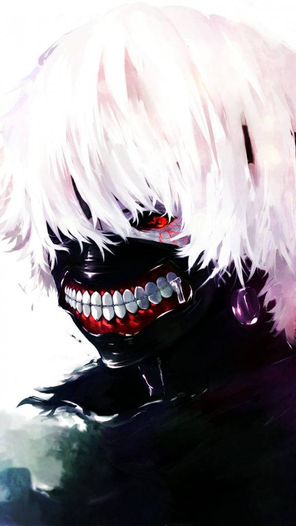 Ken Kaneki《東京喰種》iPhone壁紙 壁紙 — 一個帶有白髮和猙獰笑容的威脅性動漫角色，在純白背景上露出尖銳牙齒和發光的紅眼睛。