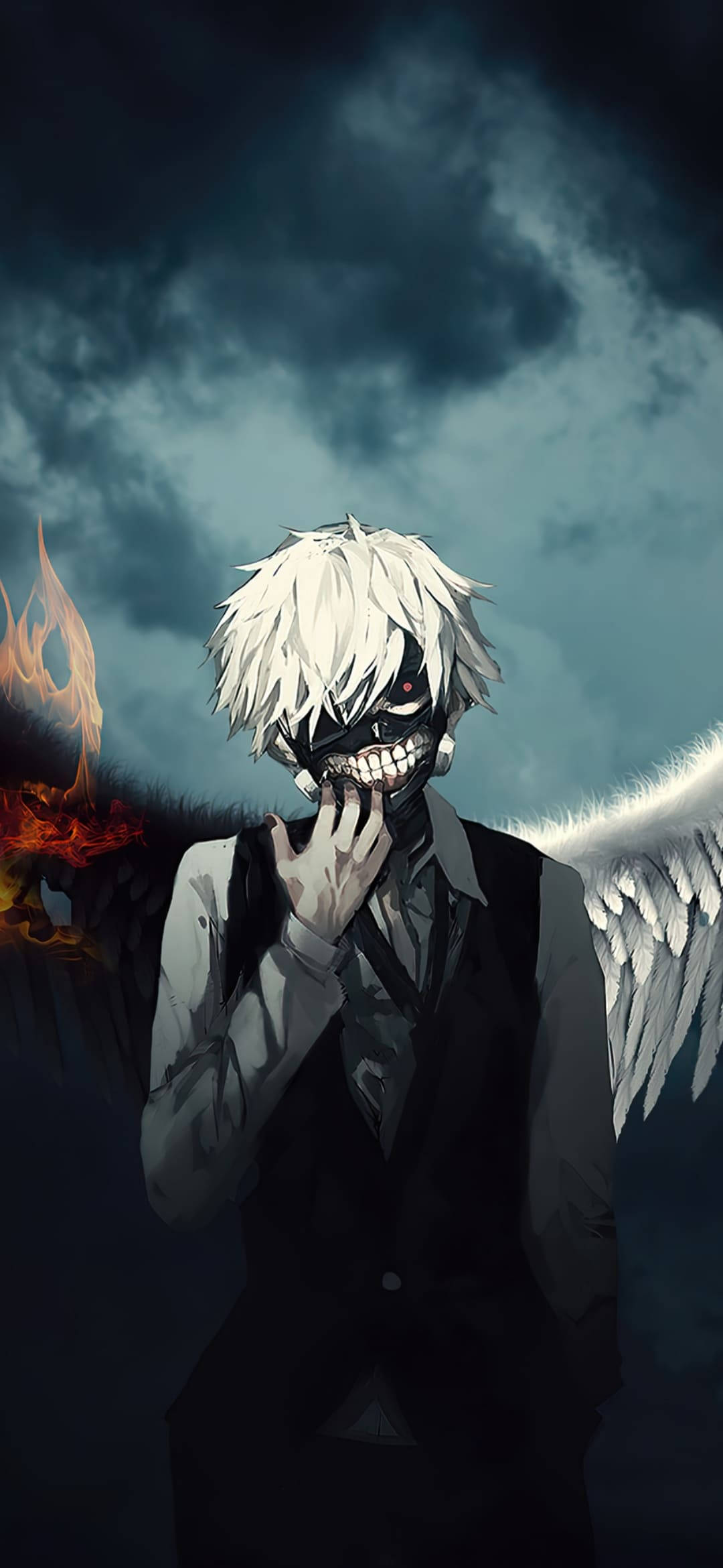 Ken Kaneki 翅膀版 東京喰種 iPhone 背景 壁紙 — 一個深色動漫角色，白髮，雙翼一火一冰，站在暴風雨的天空下。