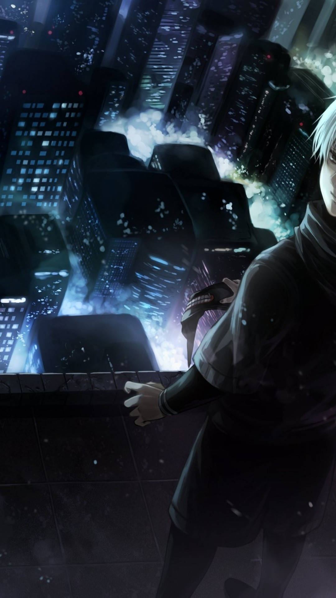 城市景觀 Ken Kaneki《東京喰種》iPhone 壁紙 — 一個孤獨的動漫角色站在屋頂上，俯瞰著夜晚破碎的未來城市景觀。