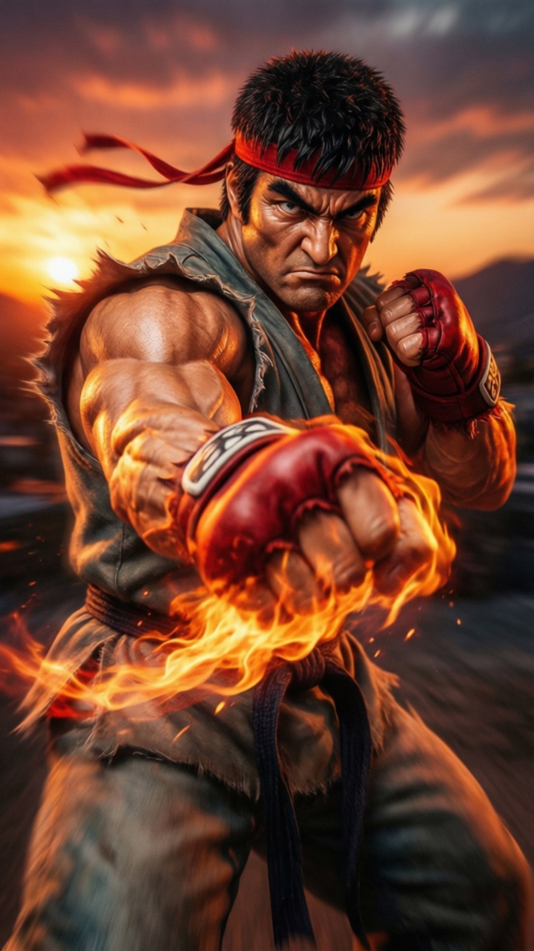 一個戴著紅色頭帶的戰士在夕陽下打出火焰拳。