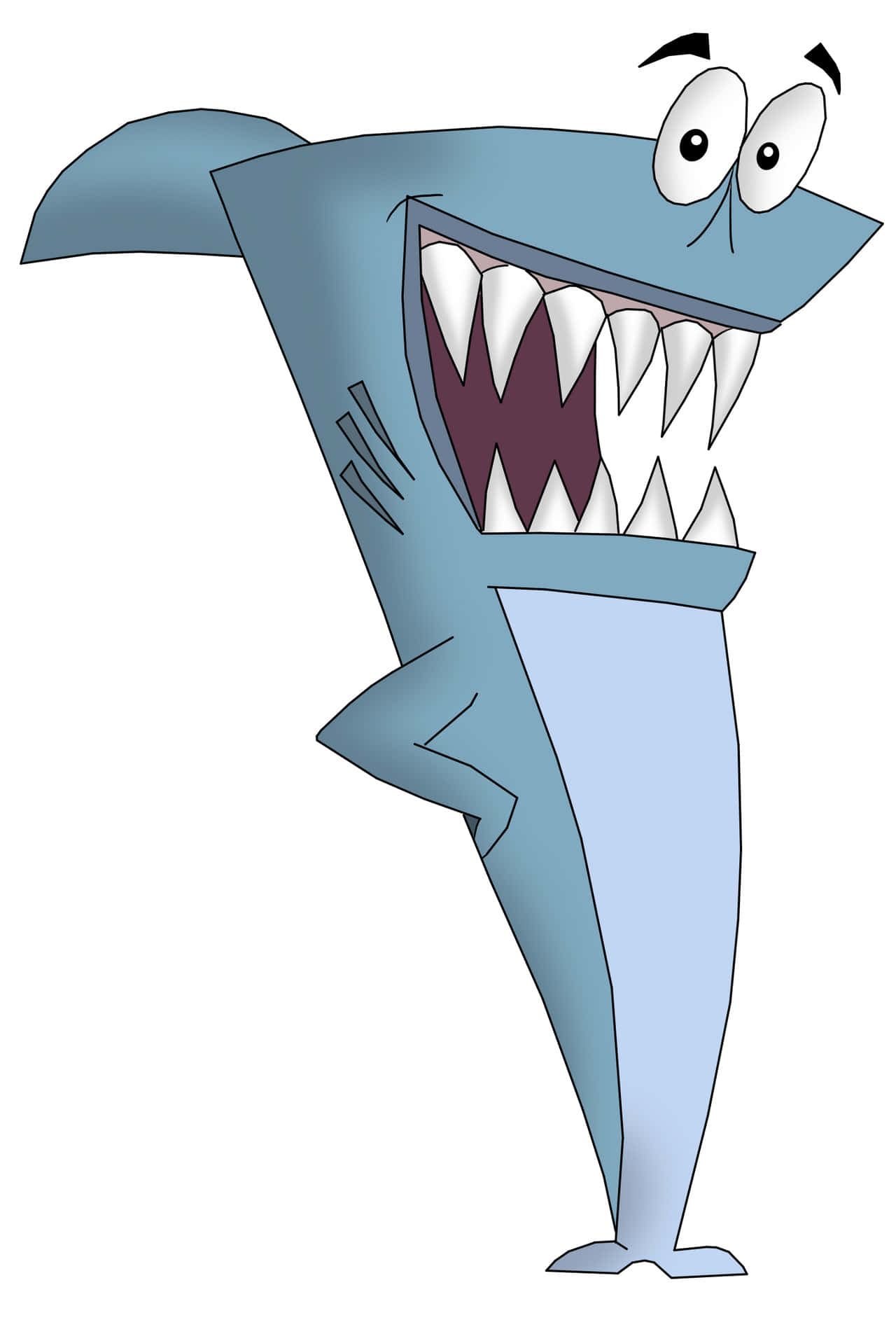 展露鋒利牙齒的 Kenny The Shark 壁紙 — 一隻卡通鯊魚，有大眼睛和尖牙，雙腿直立站在純白色背景前。