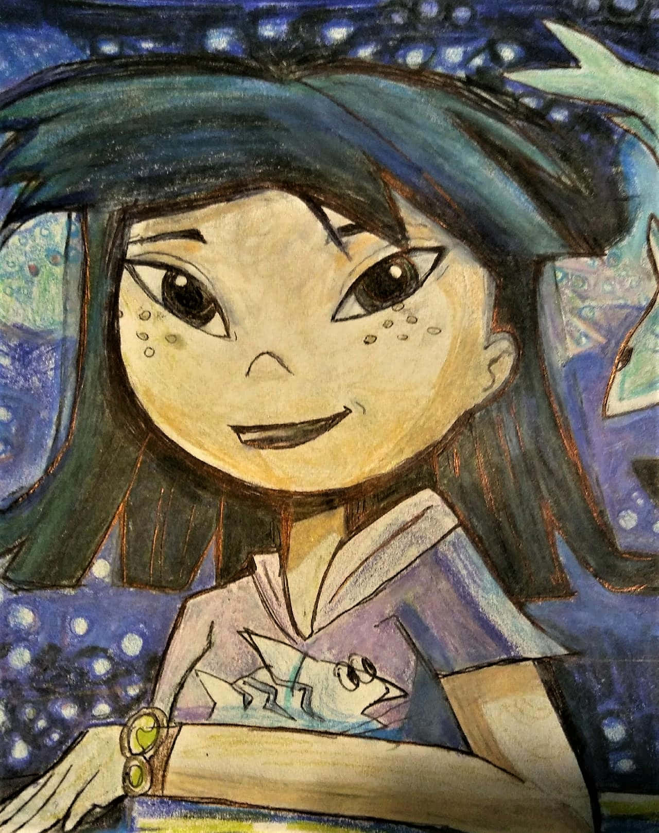深色頭髮和雀斑的動漫女孩在星空藍色背景上微笑。