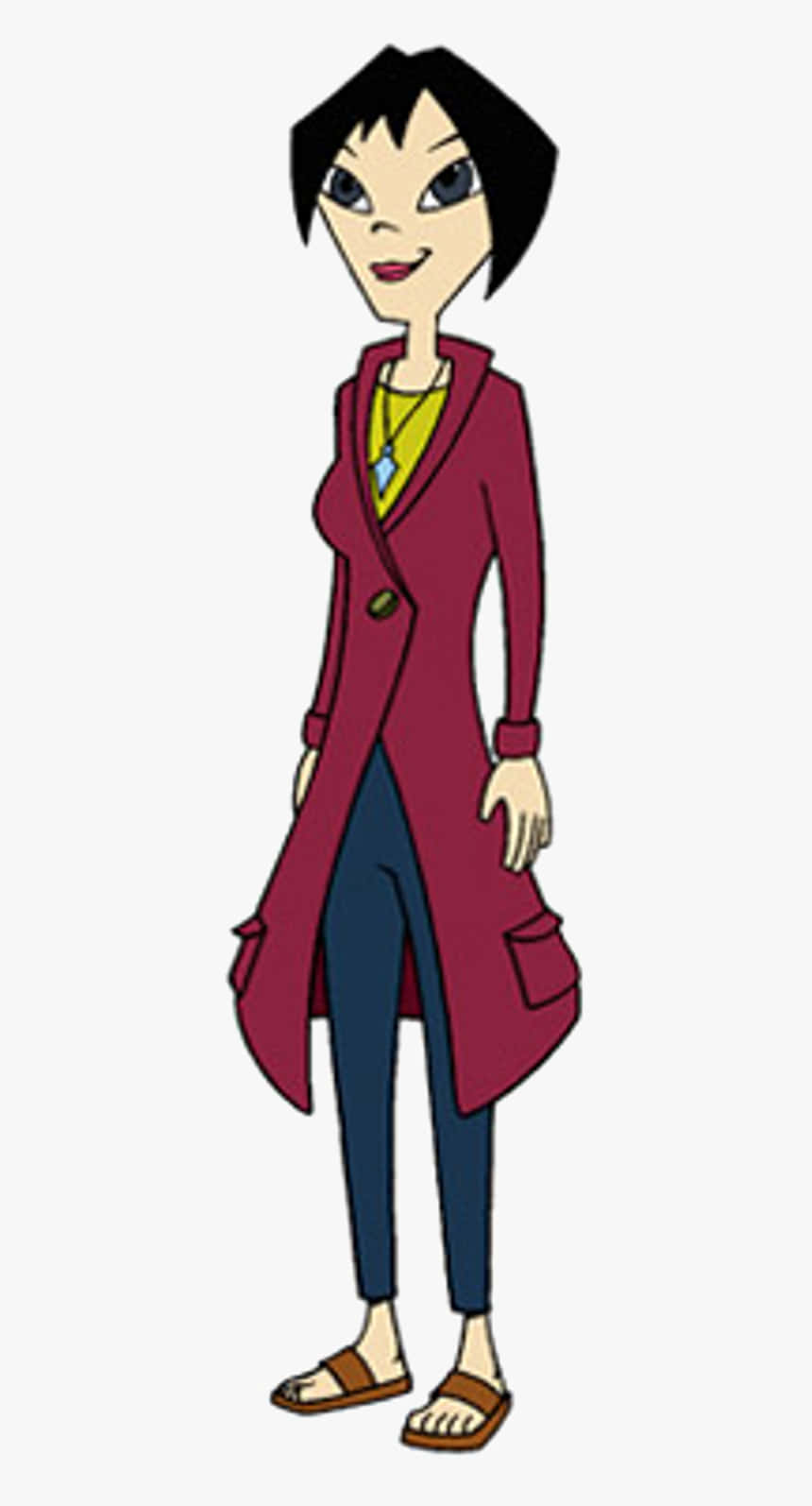 《Kenny the Shark》Grace Cassidy 壁紙 — 一個風格化的動漫女孩，黑色短髮，穿著栗色外套，搭配藍色褲子和涼鞋。