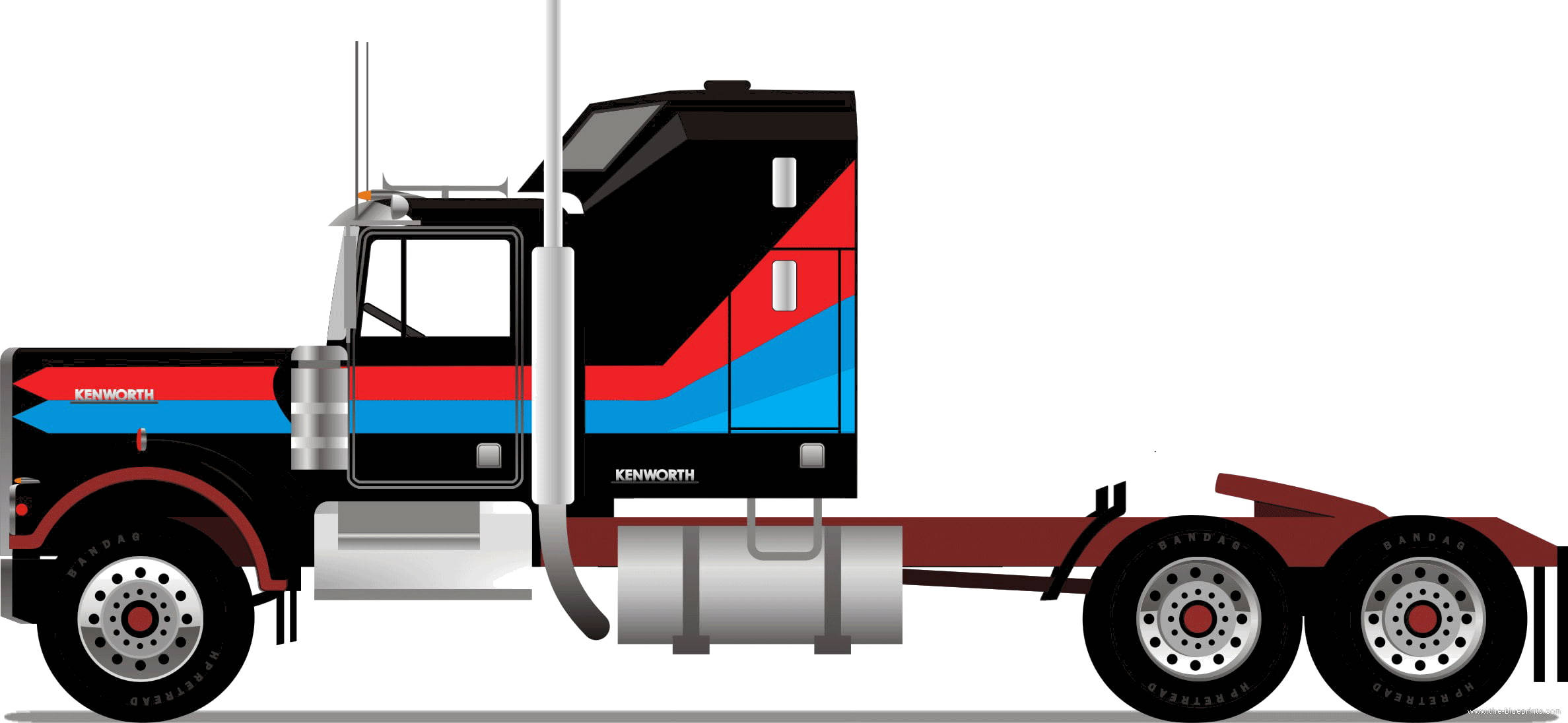 Kenworth W900 Aerodyne卡車 壁紙 — 側面展示的時尚黑色Kenworth半掛卡車，帶有醒目的紅藍對角線條和銀色點綴。