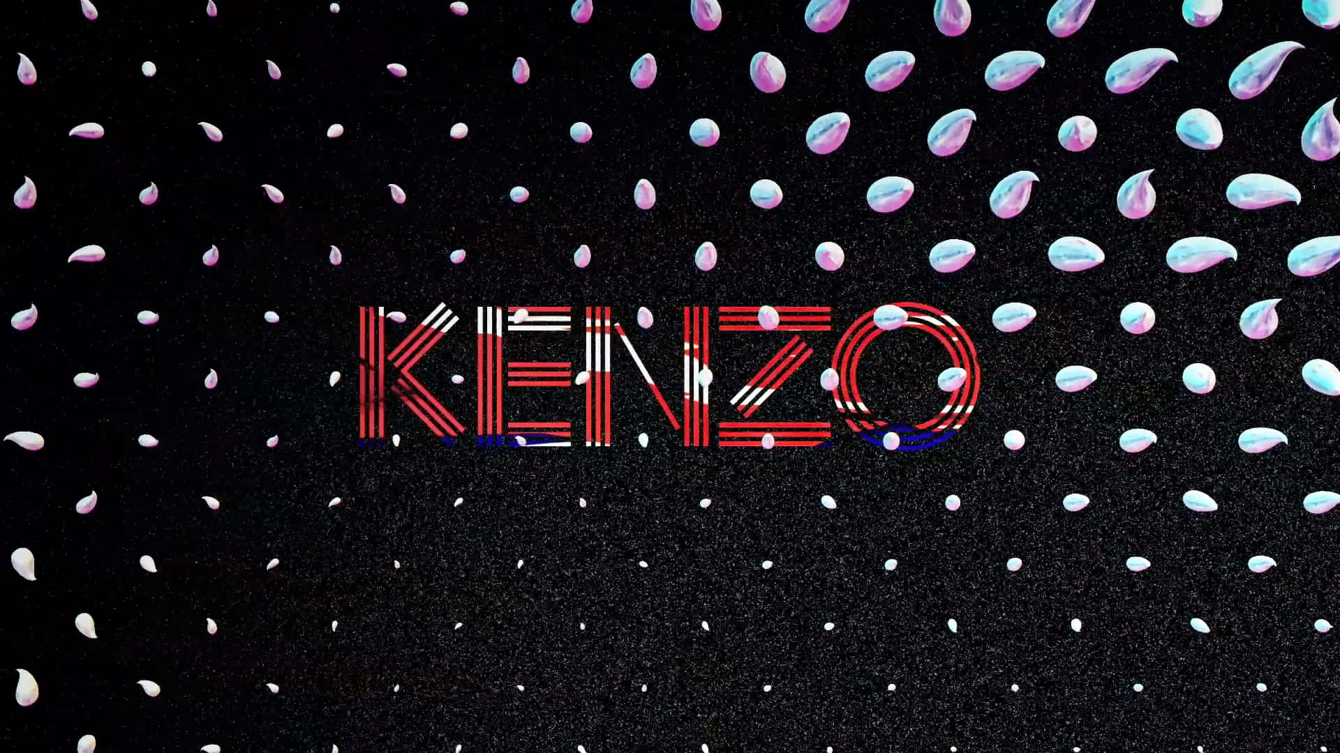 Kenzo 標誌被彩色淚滴環繞在黑色紋理背景上。