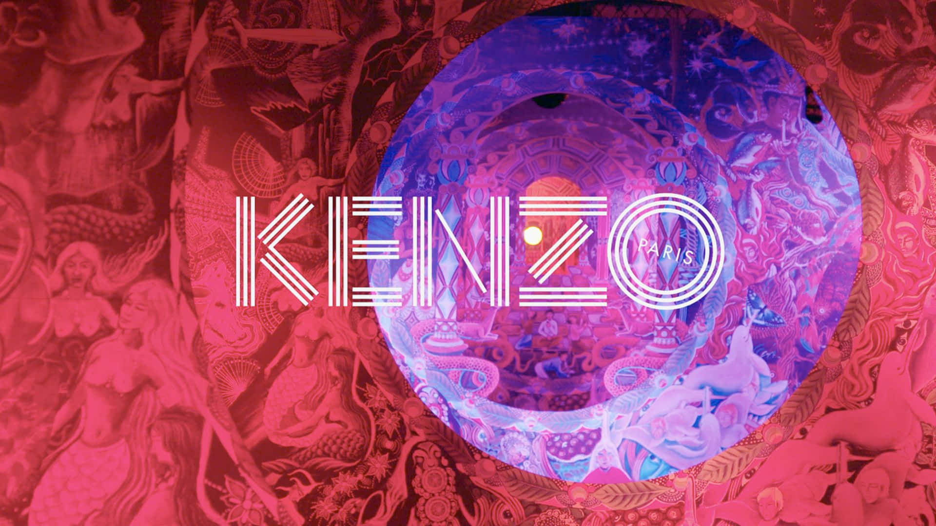 Kenzo 2019秋冬系列美學 壁紙 — 一個充滿活力的粉紅色和紫色圓形入口，帶有複雜的圖案，並以粗體白色字體居中顯示KENZO Paris字樣。