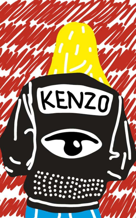 Kenzo 數位藝術圖像 壁紙 — 一個風格化的插圖，黑色連帽衫上有一個大眼睛和'KENZO'文字，背景是紅色塗鴉。