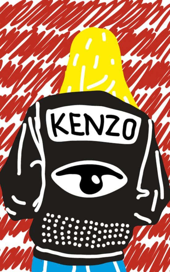 黑色連帽衫，帶有眼睛和Kenzo文字，紅色塗鴉背景。