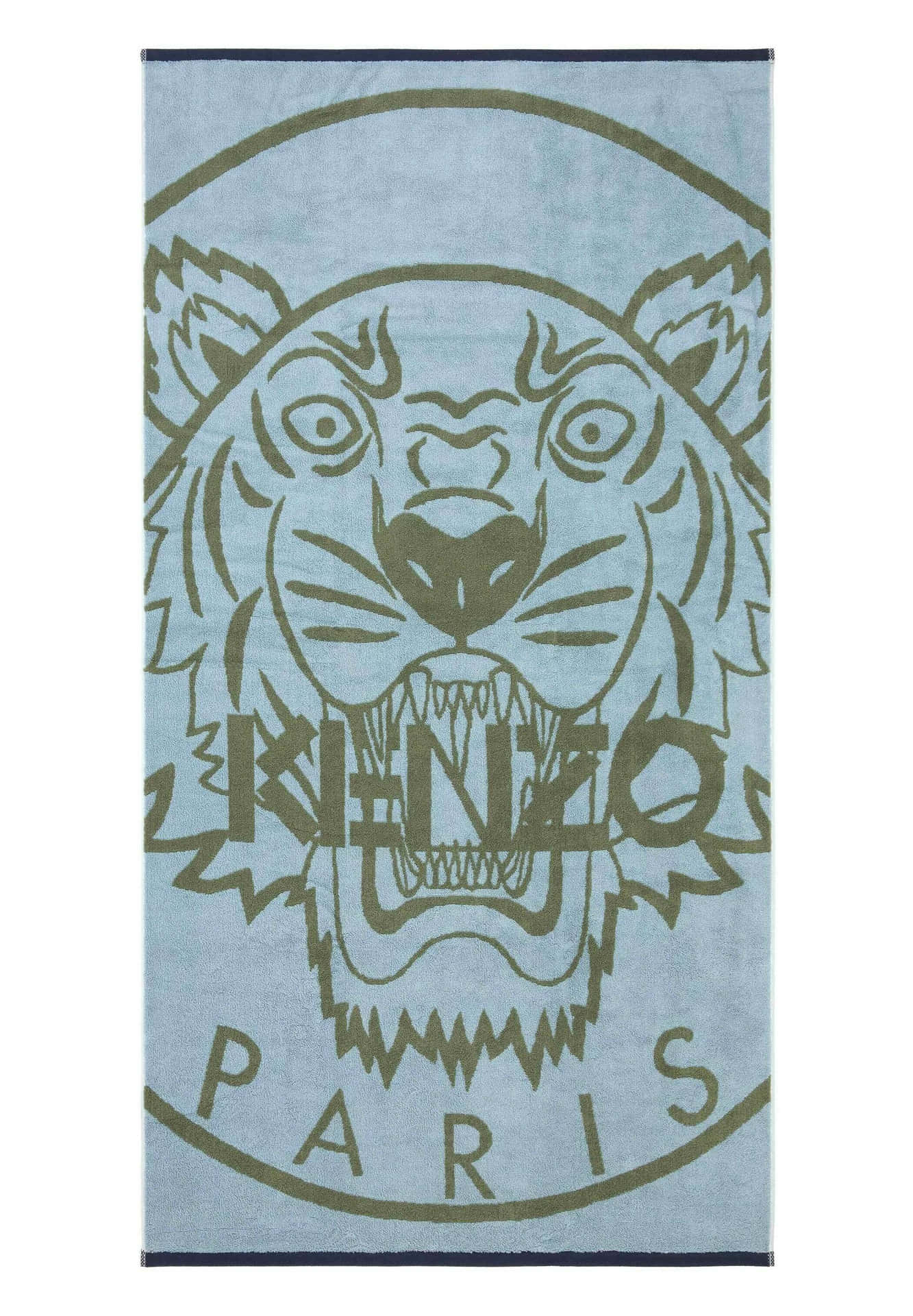 帶有橄欖綠色老虎頭和 Kenzo Paris 標誌的藍色毛巾。