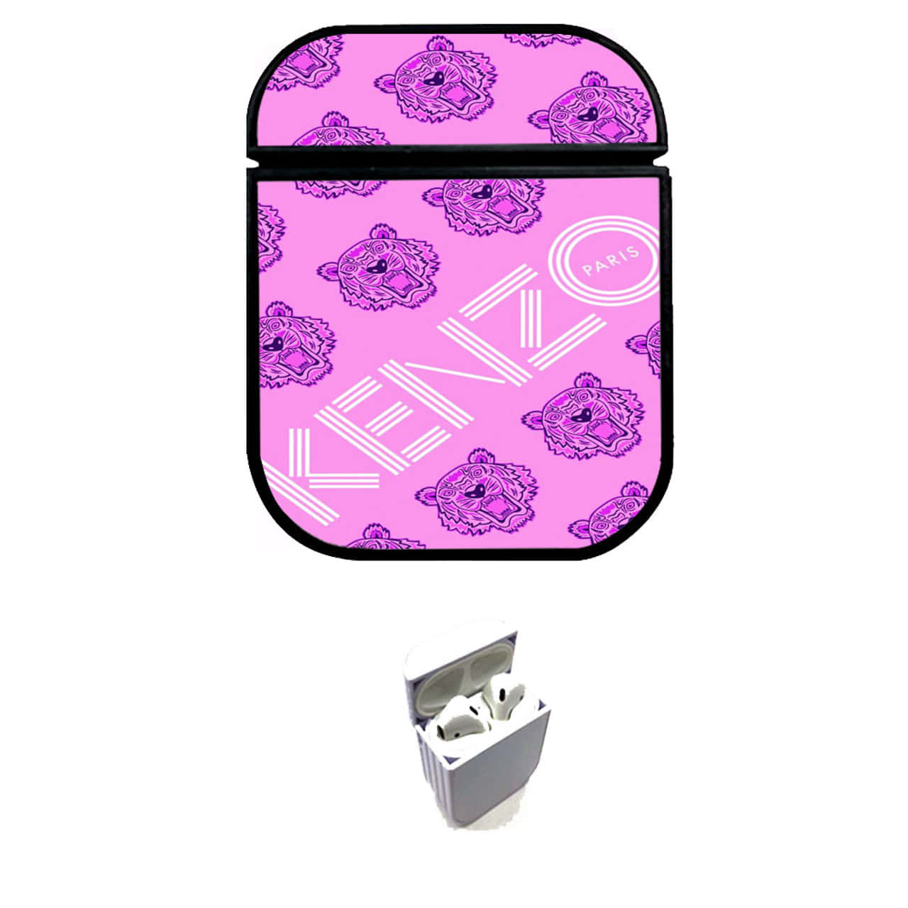 Kenzo 粉色 AirPods 套 壁紙 — 一個粉紅色KENZO品牌AirPods保護殼，帶有老虎頭圖案和巴黎標誌，背景為白色。