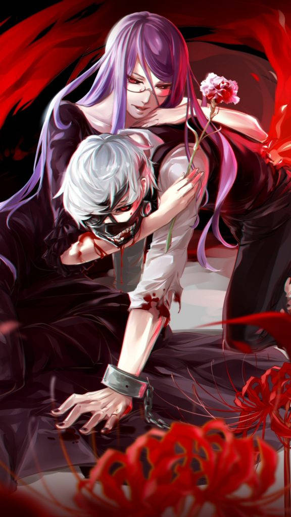 Ken與Rize《東京喰種》iPhone壁紙 壁紙 — 一位紫髮動漫女性在紅色彼岸花和飄逸的深紅布料中，抱著一名戴面具、滿身鮮血的白髮男子。