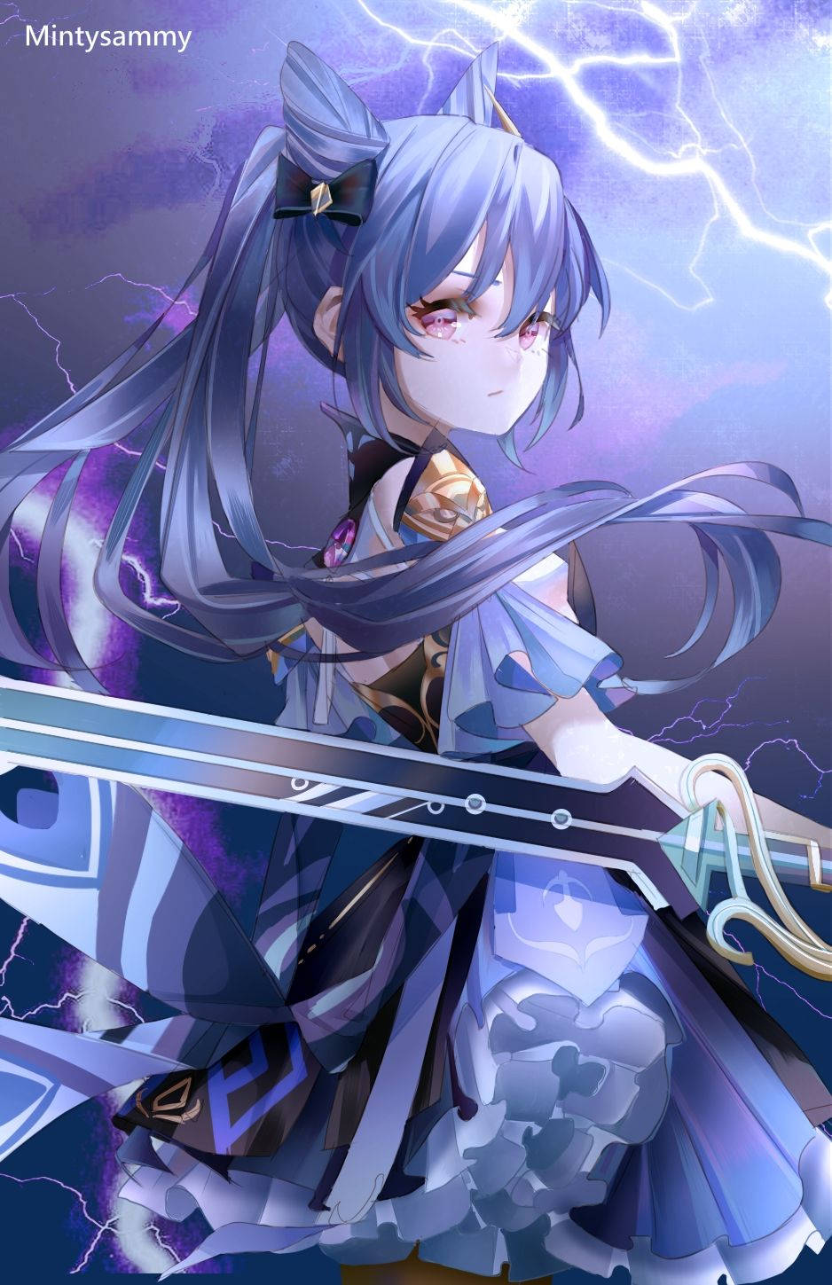 藍髮貓耳動漫少女在暴風雨的天空中手持發光的劍。
