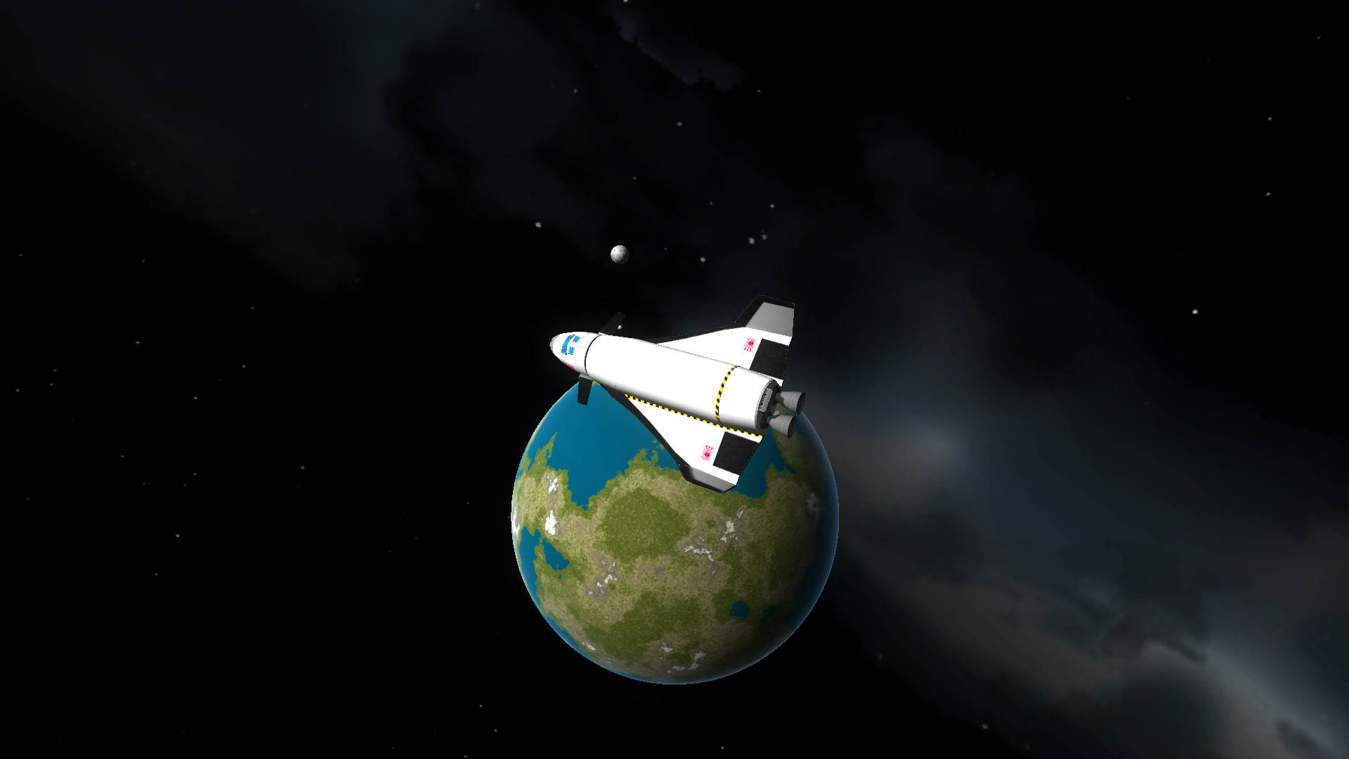 白色太空穿梭機在深空中繞著一顆藍綠色行星運行，伴有星星和衛星。