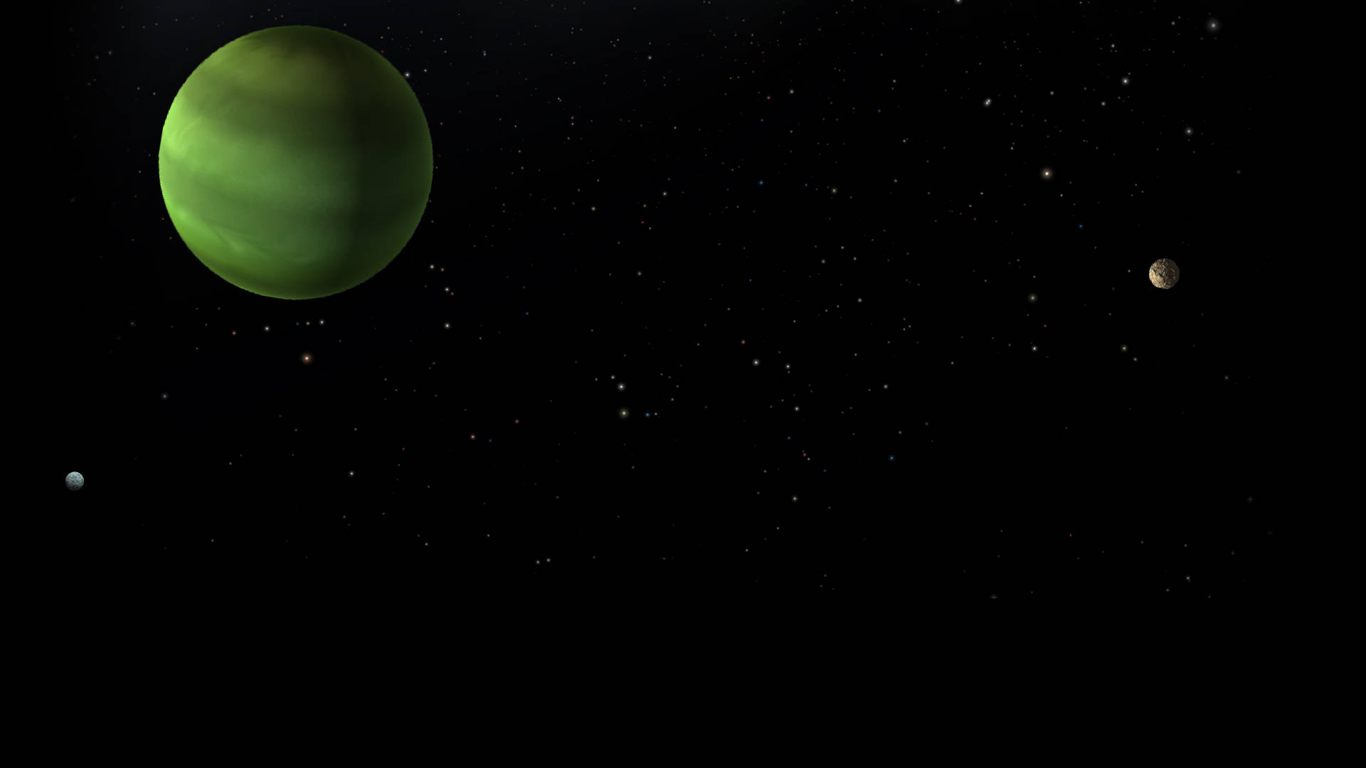 一顆綠色行星，衛星漂浮在滿是星辰的虛空中。
