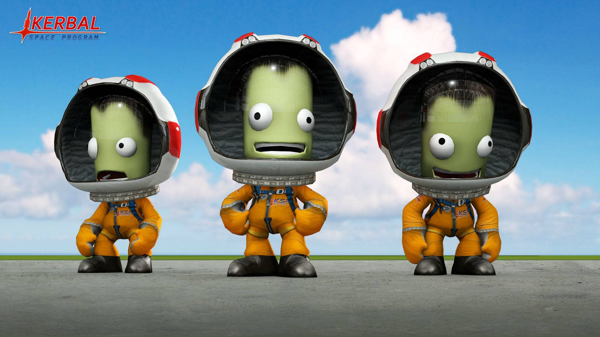 Kerbal Space Program 外星人登陸 壁紙 — 三名綠色Kerbal太空人身穿橙色太空衣，站在跑道上，背景是晴朗的藍天和蓬鬆的白雲。