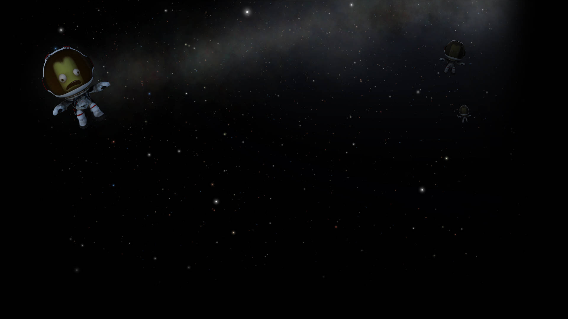 三個卡通太空人在發光星雲附近的太空中漂流。