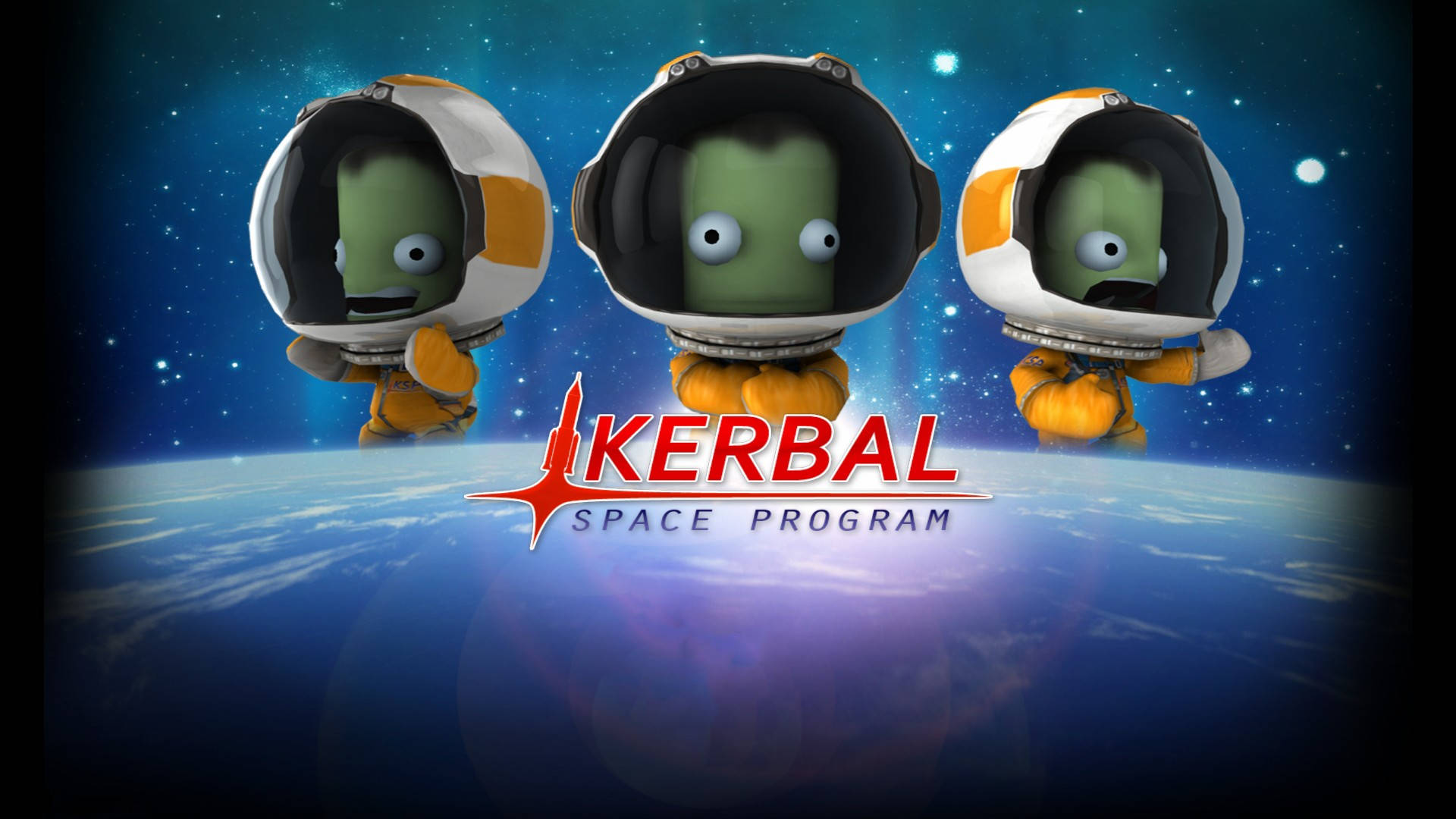 三名綠色Kerbal太空人在太空中漂浮於行星之上。