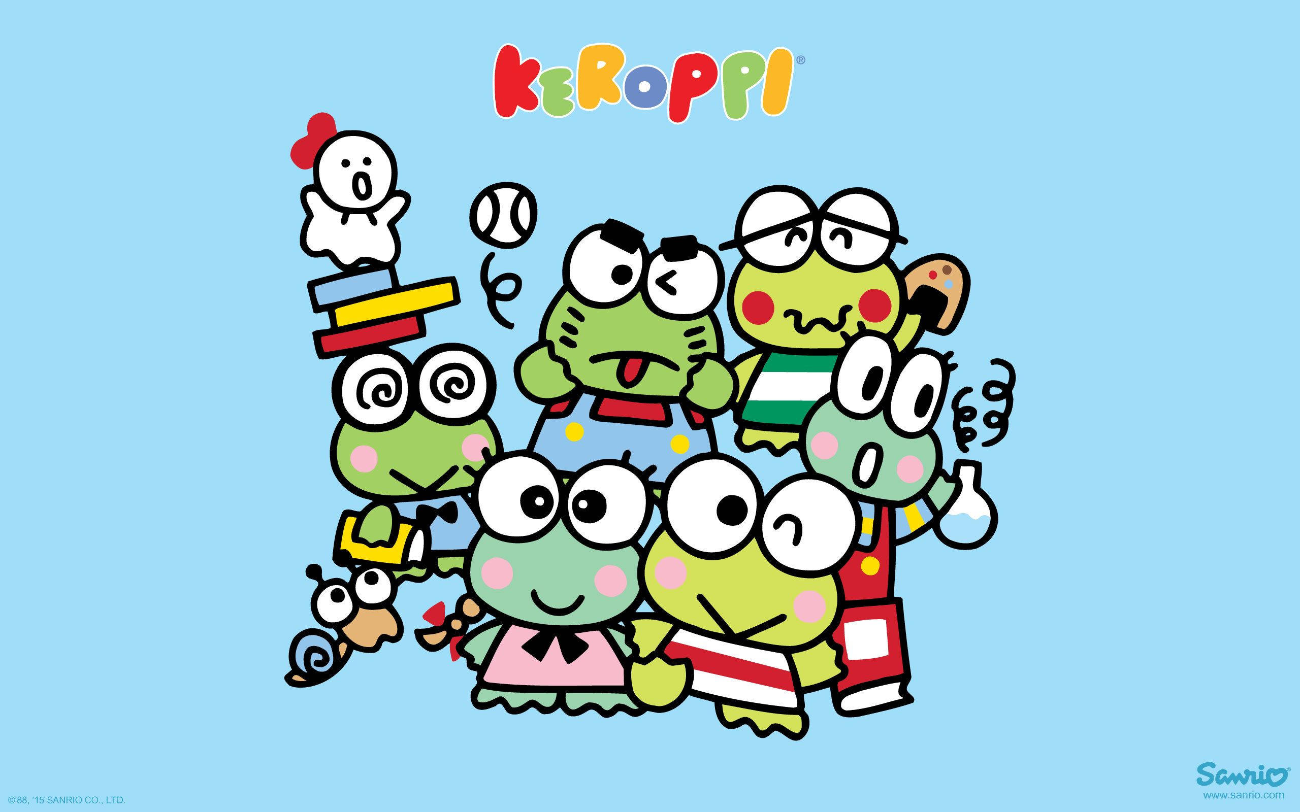 Kerokerokeroppi與朋友們 壁紙 — 一群色彩繽紛的卡通青蛙和一個幽靈在淺藍色背景上頑皮地堆疊在一起。
