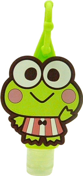 Keroppi 冰淇淋甜筒頂飾 壁紙 — 一個快樂的綠色青蛙角色，有大眼睛和條紋襯衫，站在淺綠色底座上。