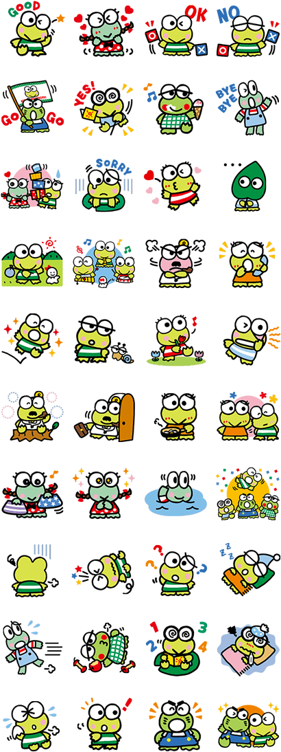 Keroppi 表情與活動集錦 壁紙 — 一個可愛的綠色青蛙角色網格，在黑色背景上展示各種富有表現力的情感和動作。