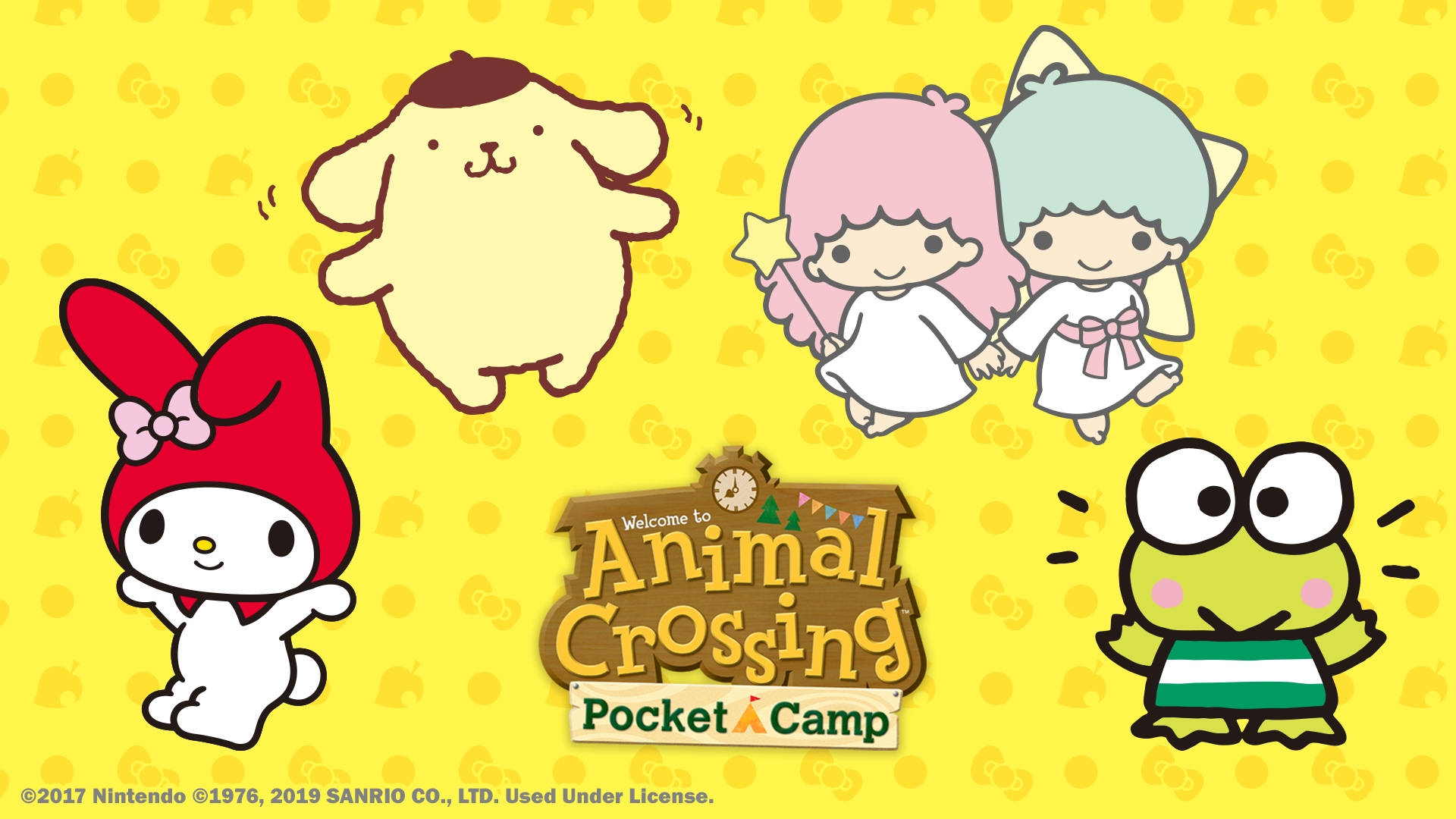 來自Animal Crossing Pocket Camp的可愛卡通角色在黃色背景上。