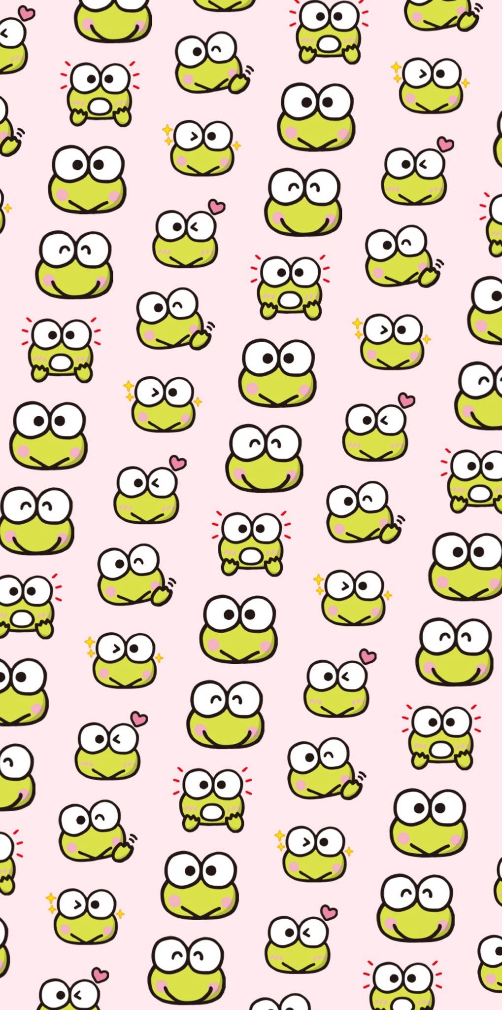Keroppi 情緒圖案 壁紙 — 在柔軟的粉紅色背景上，重複的可愛綠色卡通青蛙圖案，帶有各種表情。