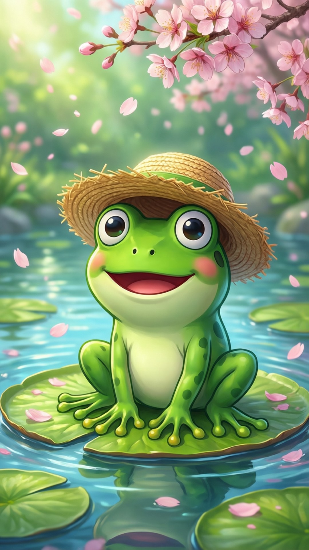 Keroppi 春日池塘 壁紙 — 一隻快樂的卡通青蛙戴著草帽坐在睡蓮葉上，在寧靜的池塘中，粉紅色的櫻花飄落而下。