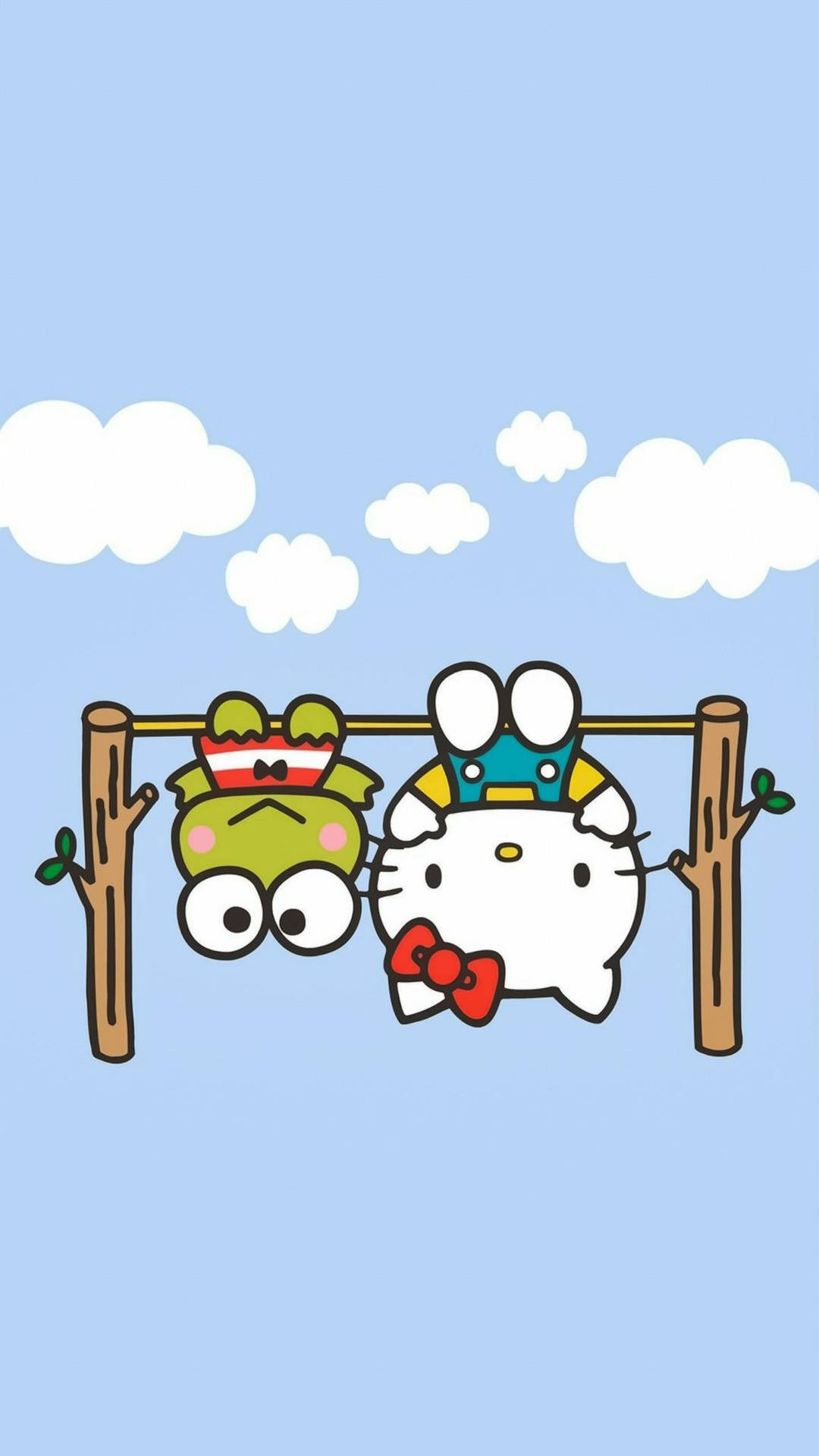 Hello Kitty 同 Keroppi 倒掛喺條上，喺藍天白雲下。