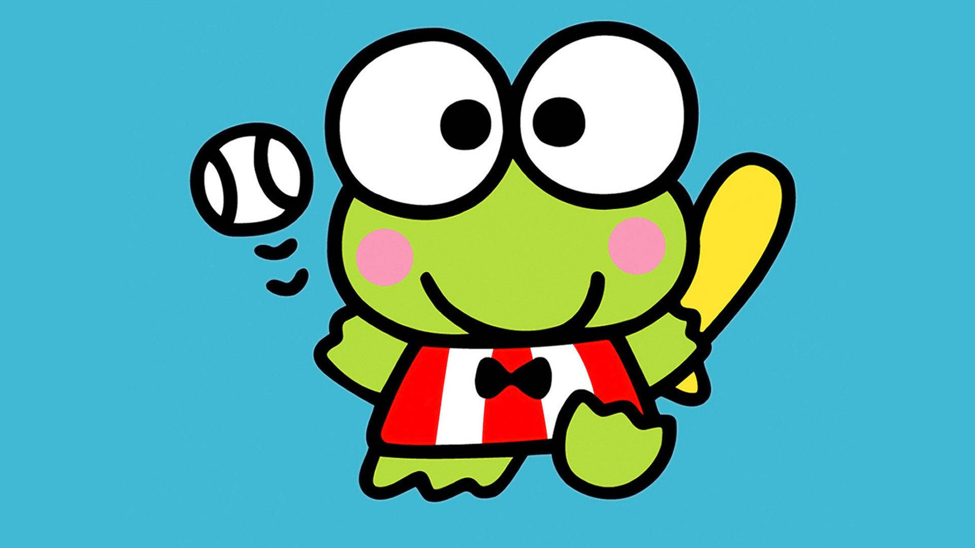 Keroppi拿棒球棒 壁紙 — 一隻穿著紅白條紋襯衫的快樂卡通青蛙，在純藍色背景上揮動黃色球棒擊打棒球。