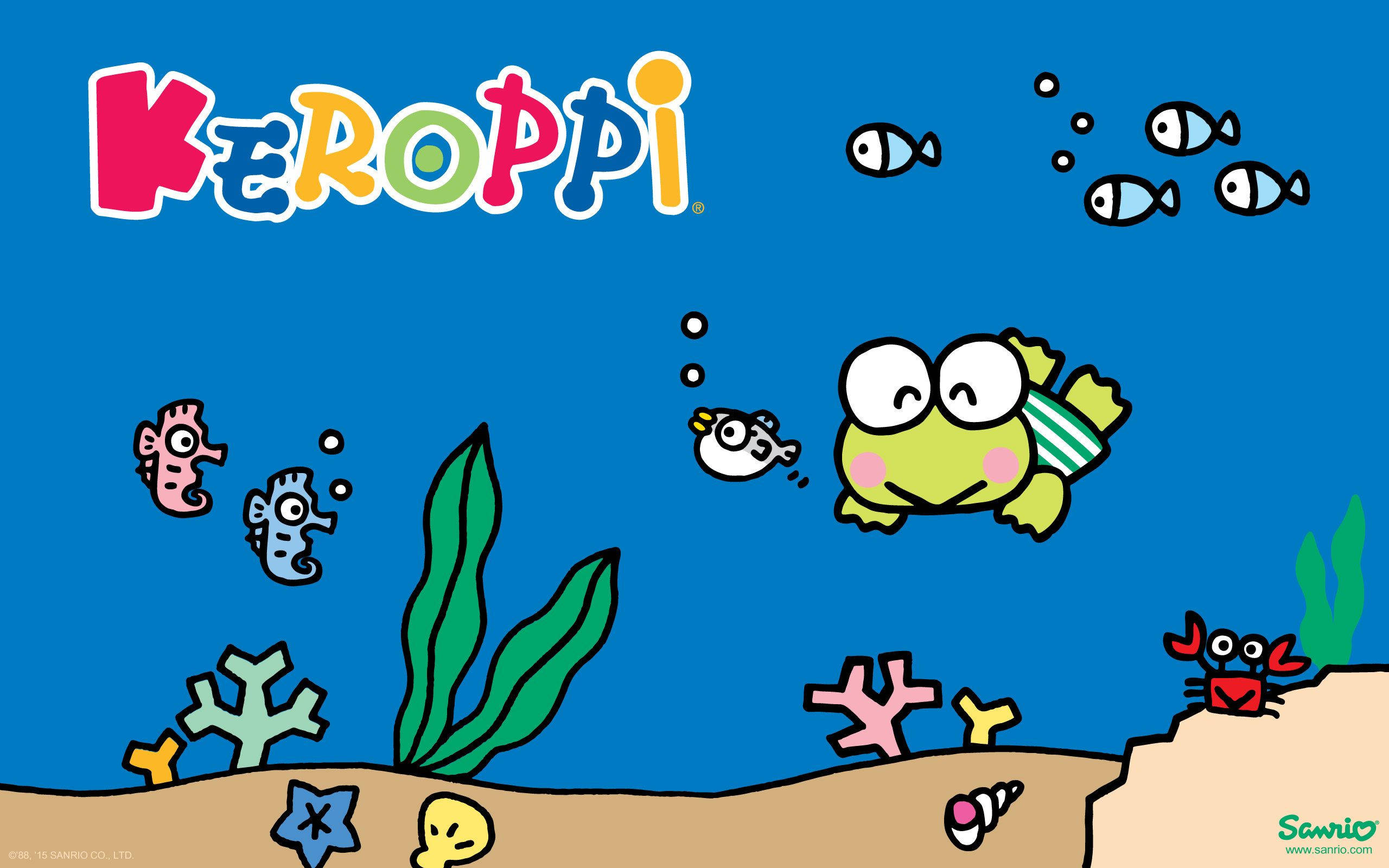 Keroppi潛水海底 壁紙 — 一隻快樂的卡通青蛙在充滿活力的藍色海洋場景中與魚、海馬和螃蟹一起在水下游泳。