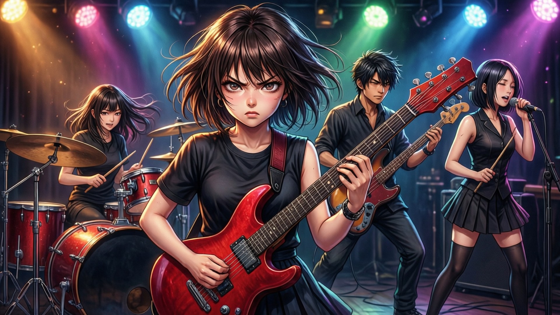 Kessoku Band 熱情演出 壁紙 — 一支激烈的動漫樂隊在色彩繽紛的舞台燈光下表演，前景有一位結他手。