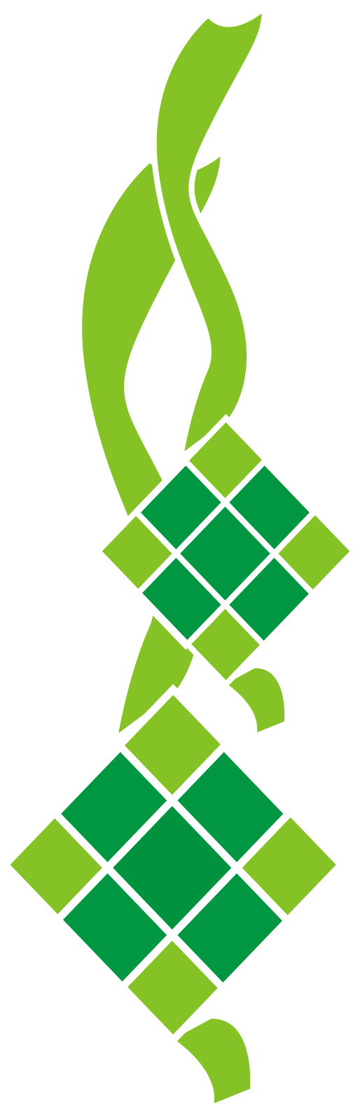 ketupat 圖標圖形 壁紙 — 一條風格化的綠色絲帶在純黑色背景上穿梭於幾何鑽石圖案之間。
