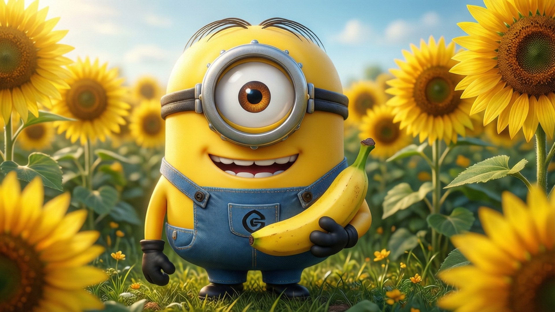 A smiling Minion holding a banana in a sunflower field. 壁紙